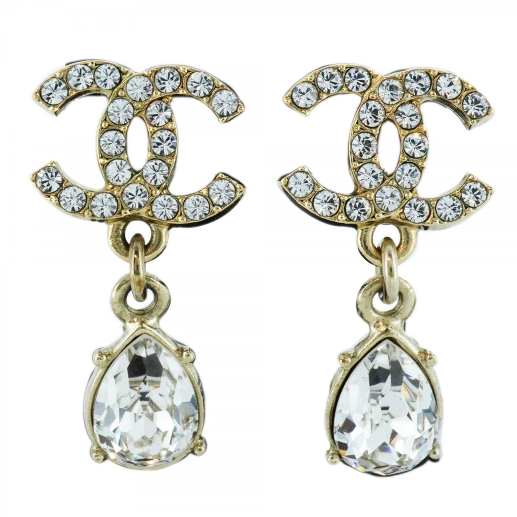 Chanel earrings with Coco Mark drop motif, rhinestones, GP plating, champagne gold, for women