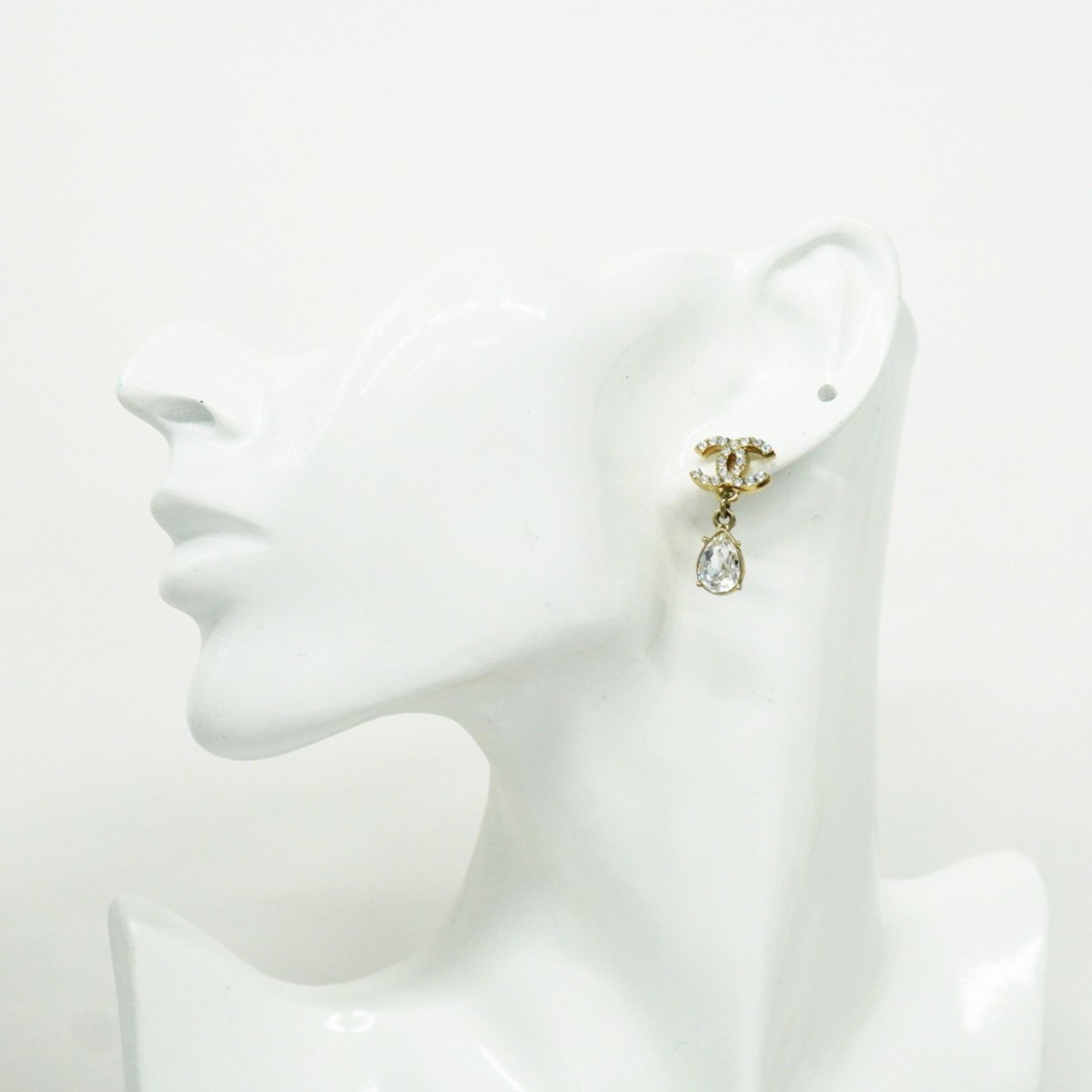 Chanel earrings with Coco Mark drop motif, rhinestones, GP plating, champagne gold, for women