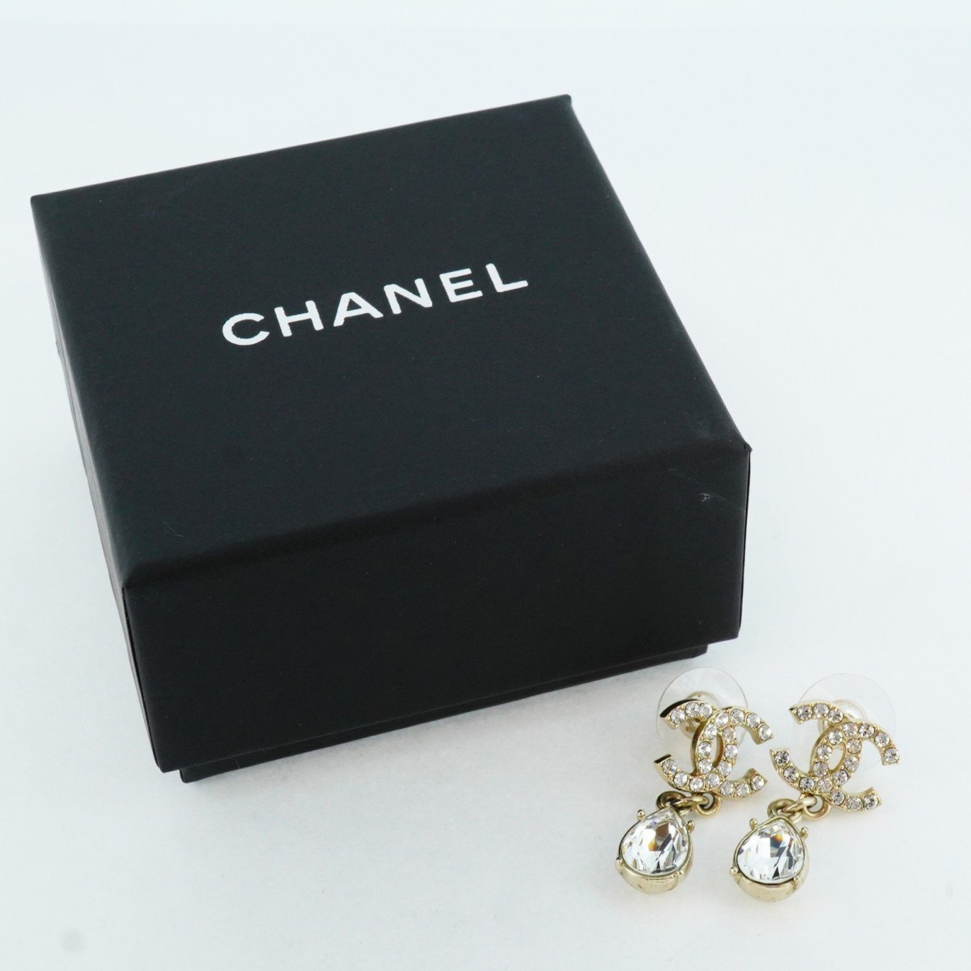 Chanel earrings with Coco Mark drop motif, rhinestones, GP plating, champagne gold, for women