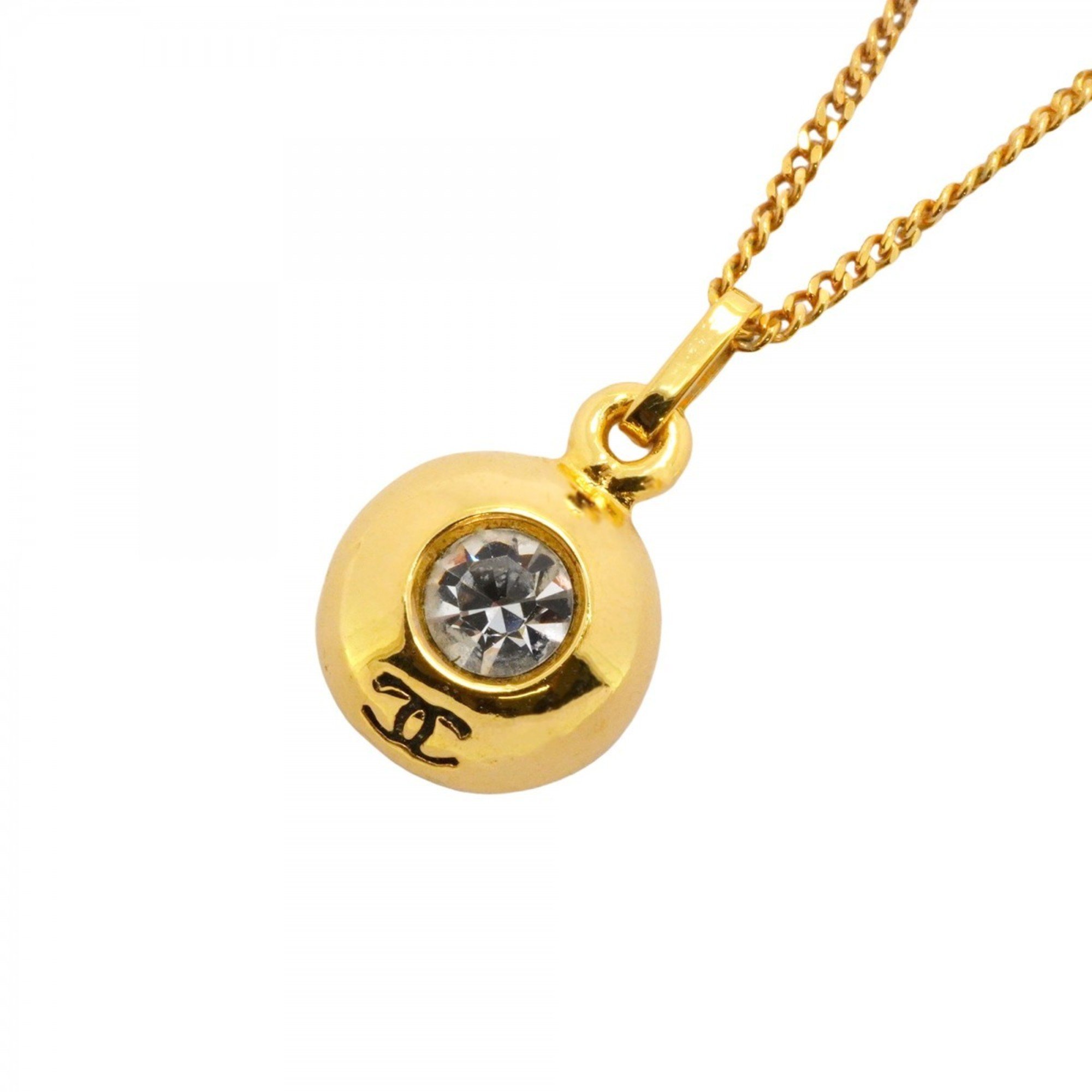 Chanel Necklace Coco Mark Circle Rhinestone GP Plated Gold Ladies