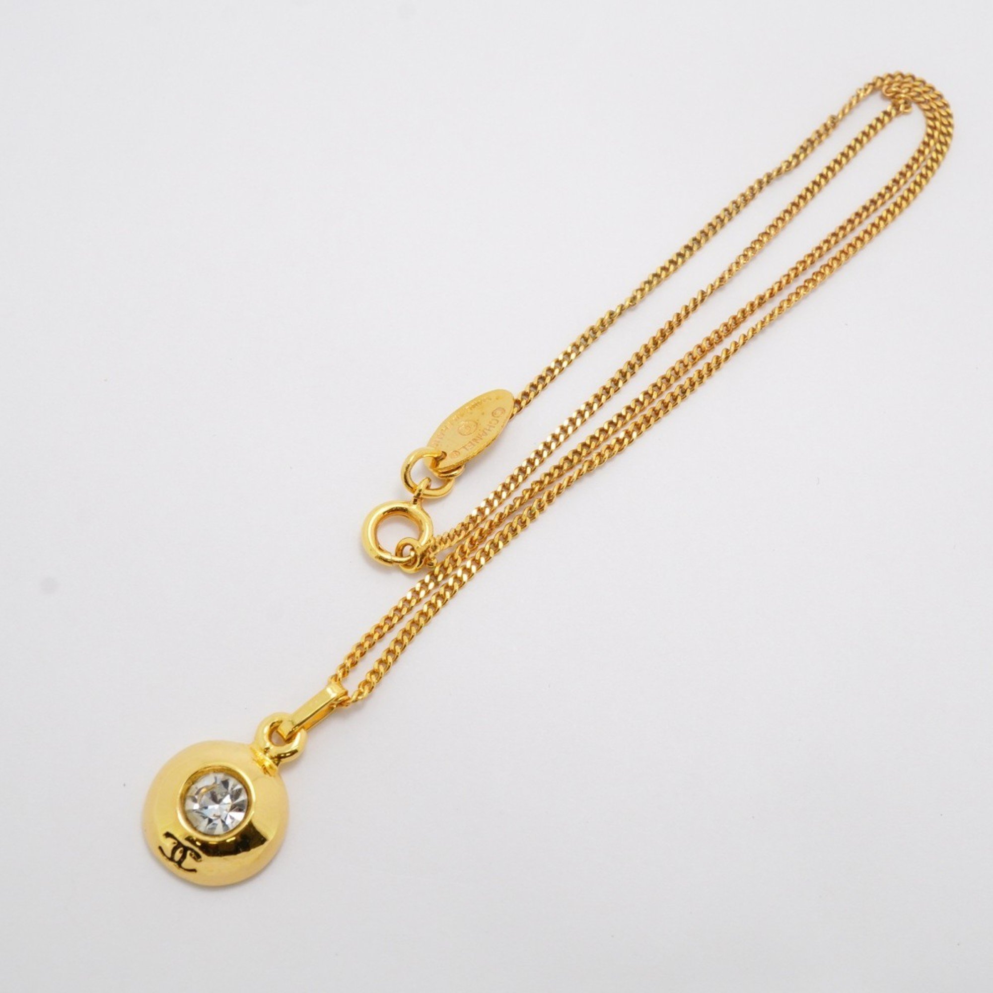 Chanel Necklace Coco Mark Circle Rhinestone GP Plated Gold Ladies