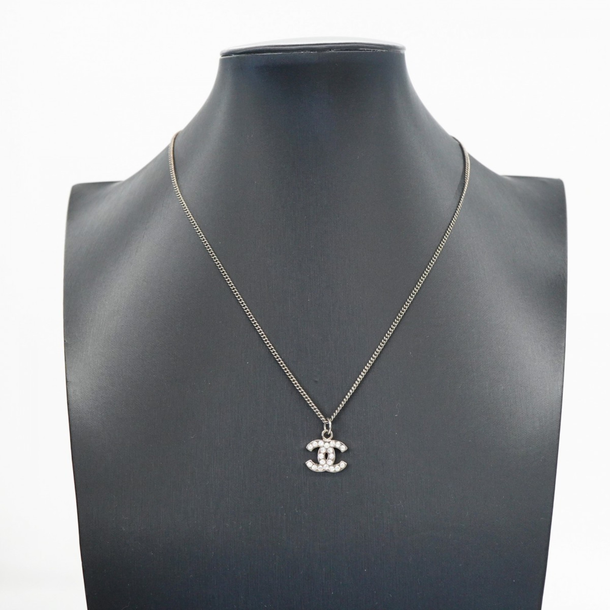 Chanel Necklace Coco Mark Rhinestone Metal Silver Ladies