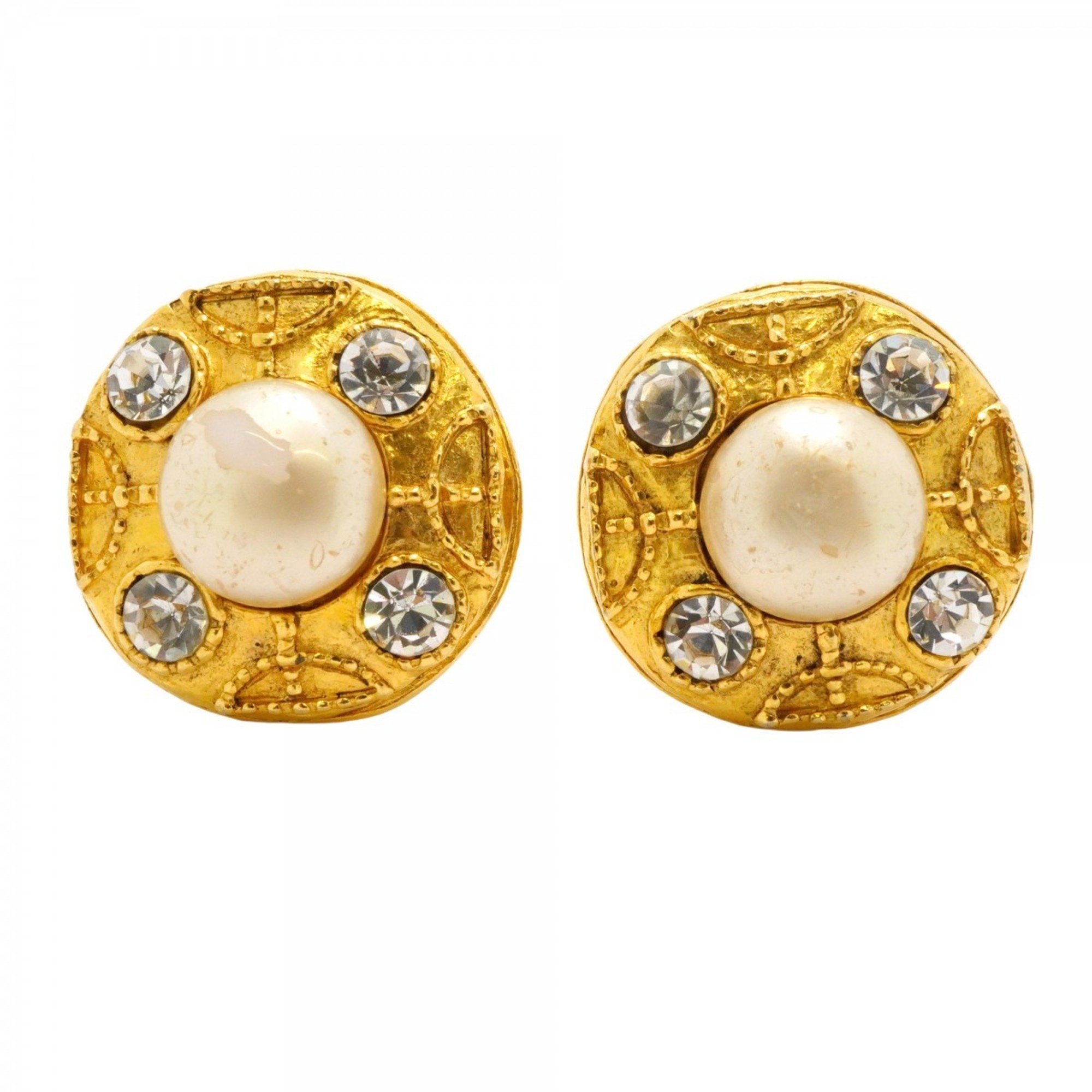 Chanel Earrings Circle Faux Pearl Rhinestone GP Plated Gold Ladies