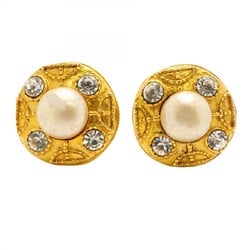 Chanel Earrings Circle Faux Pearl Rhinestone GP Plated Gold Ladies