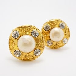 Chanel Earrings Circle Faux Pearl Rhinestone GP Plated Gold Ladies