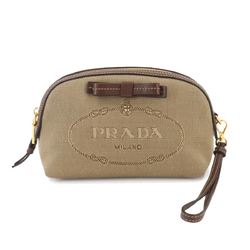 PRADA Jacquard Pouch Canvas Leather Beige Brown