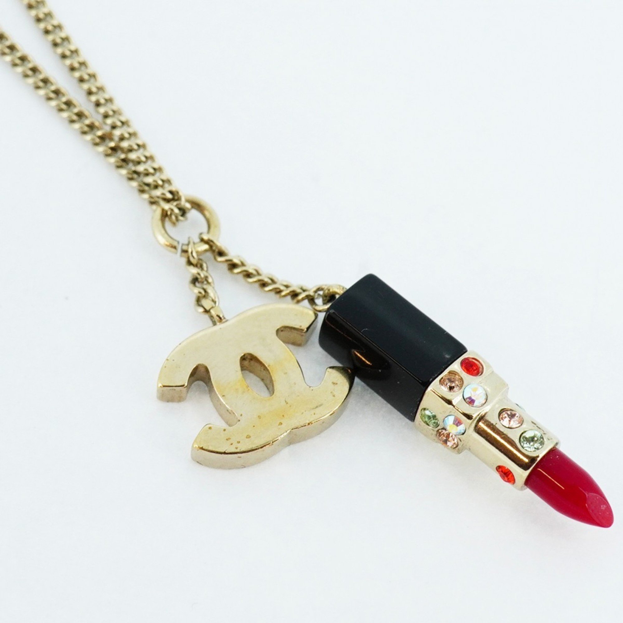 Chanel Necklace Lipstick Color Stone GP Plated Champagne Gold Multicolor Ladies