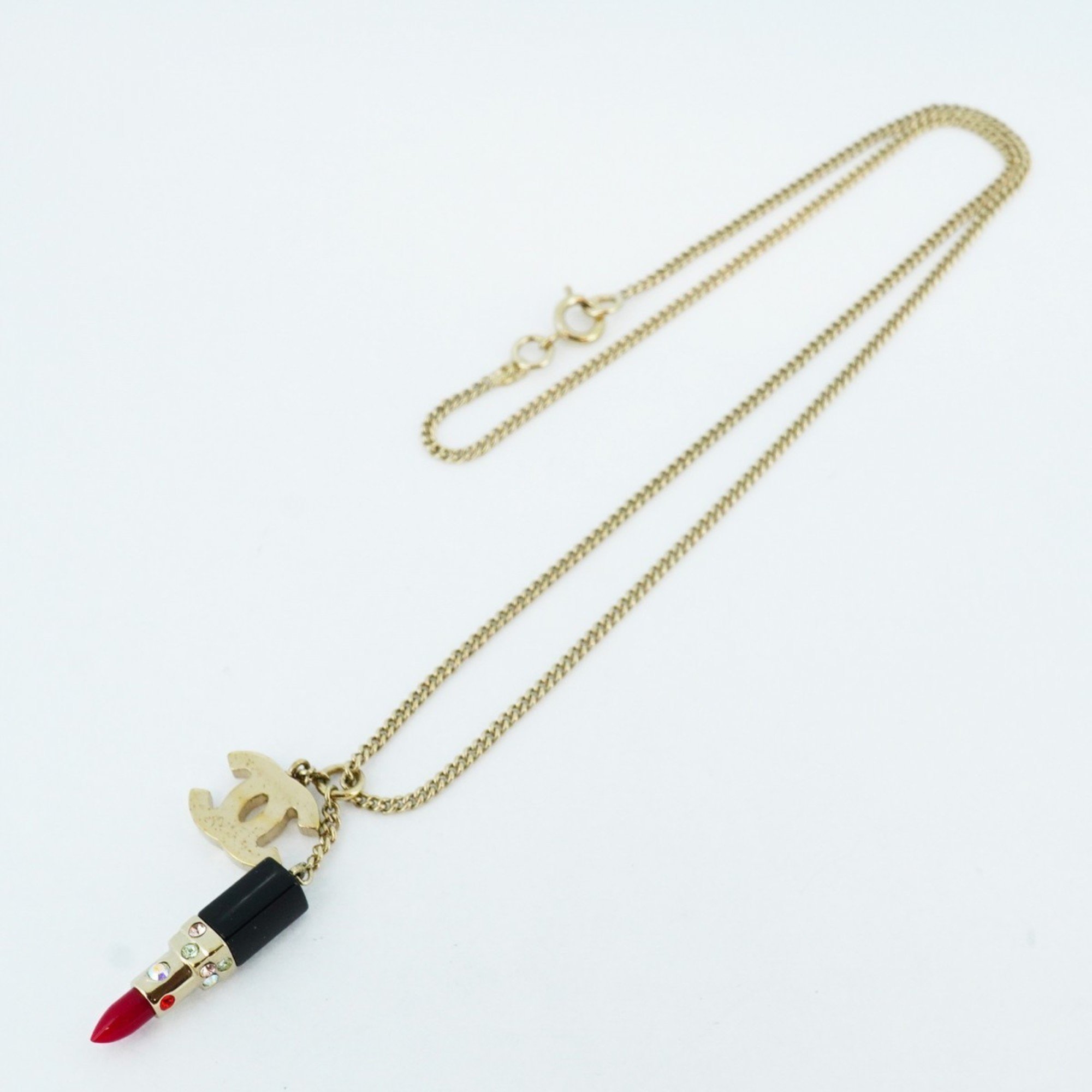 Chanel Necklace Lipstick Color Stone GP Plated Champagne Gold Multicolor Ladies