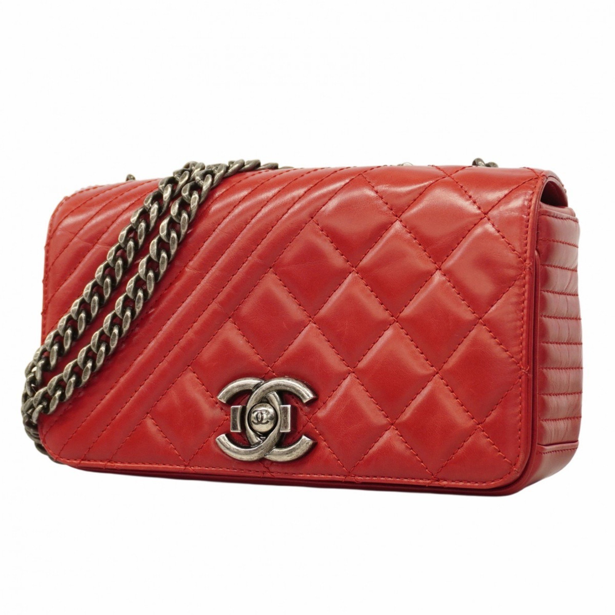 Chanel Shoulder Bag Matelasse W Chain Calfskin Red Women's