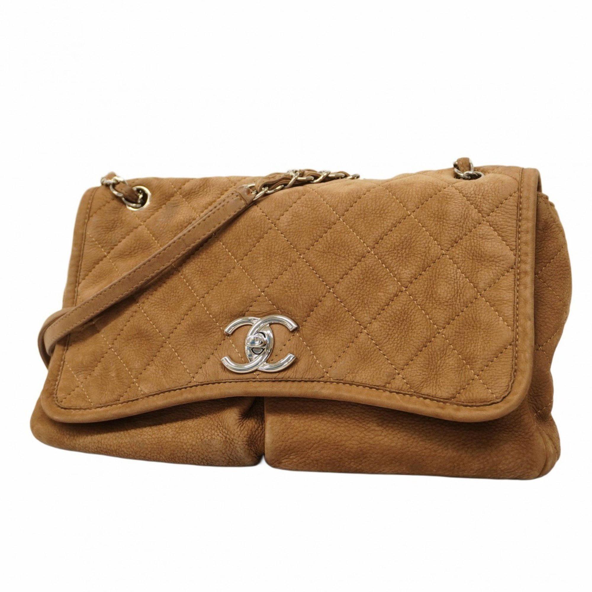 Chanel Shoulder Bag Matelasse W Chain Suede Brown Women's