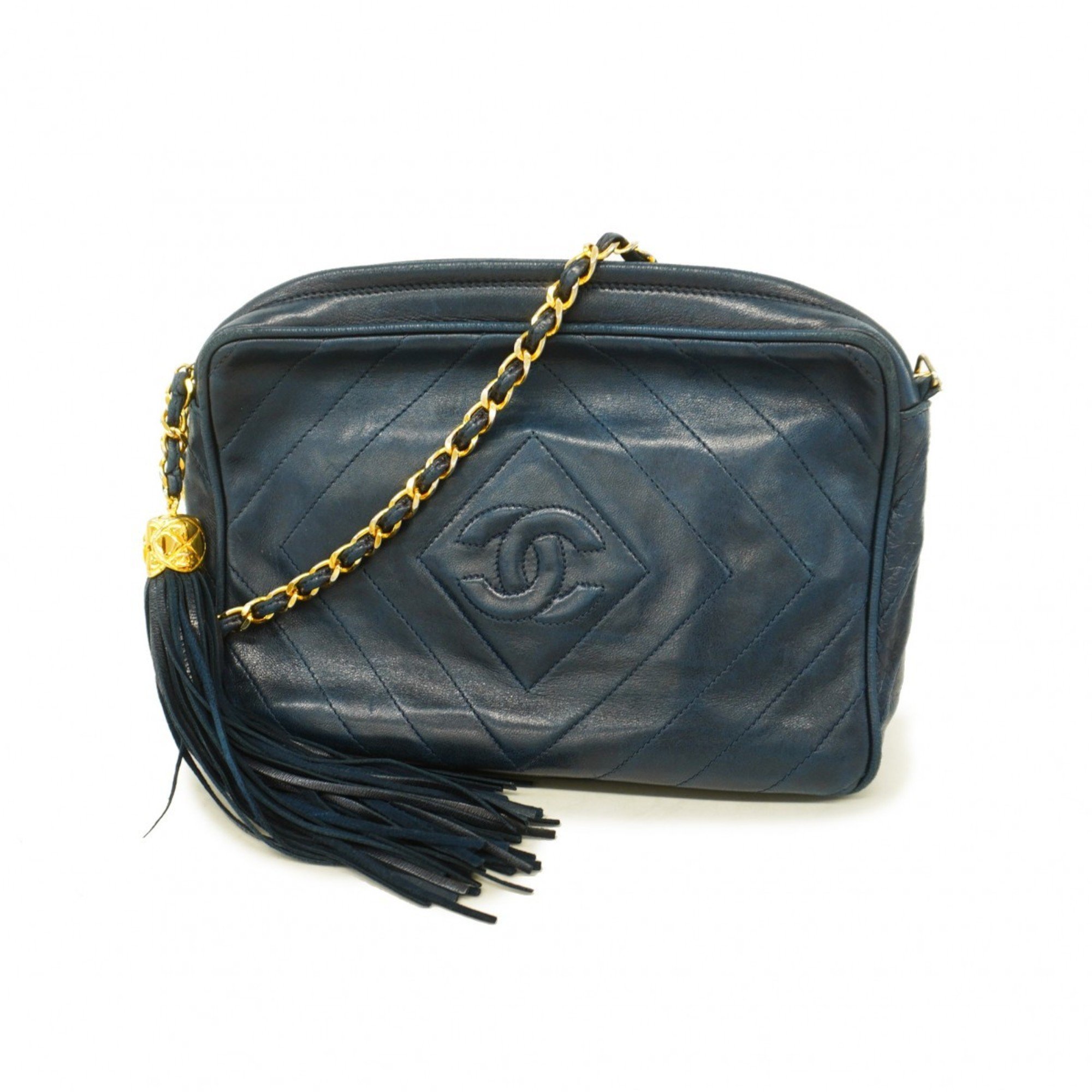 Chanel Shoulder Bag with Chain Lambskin Navy Women's