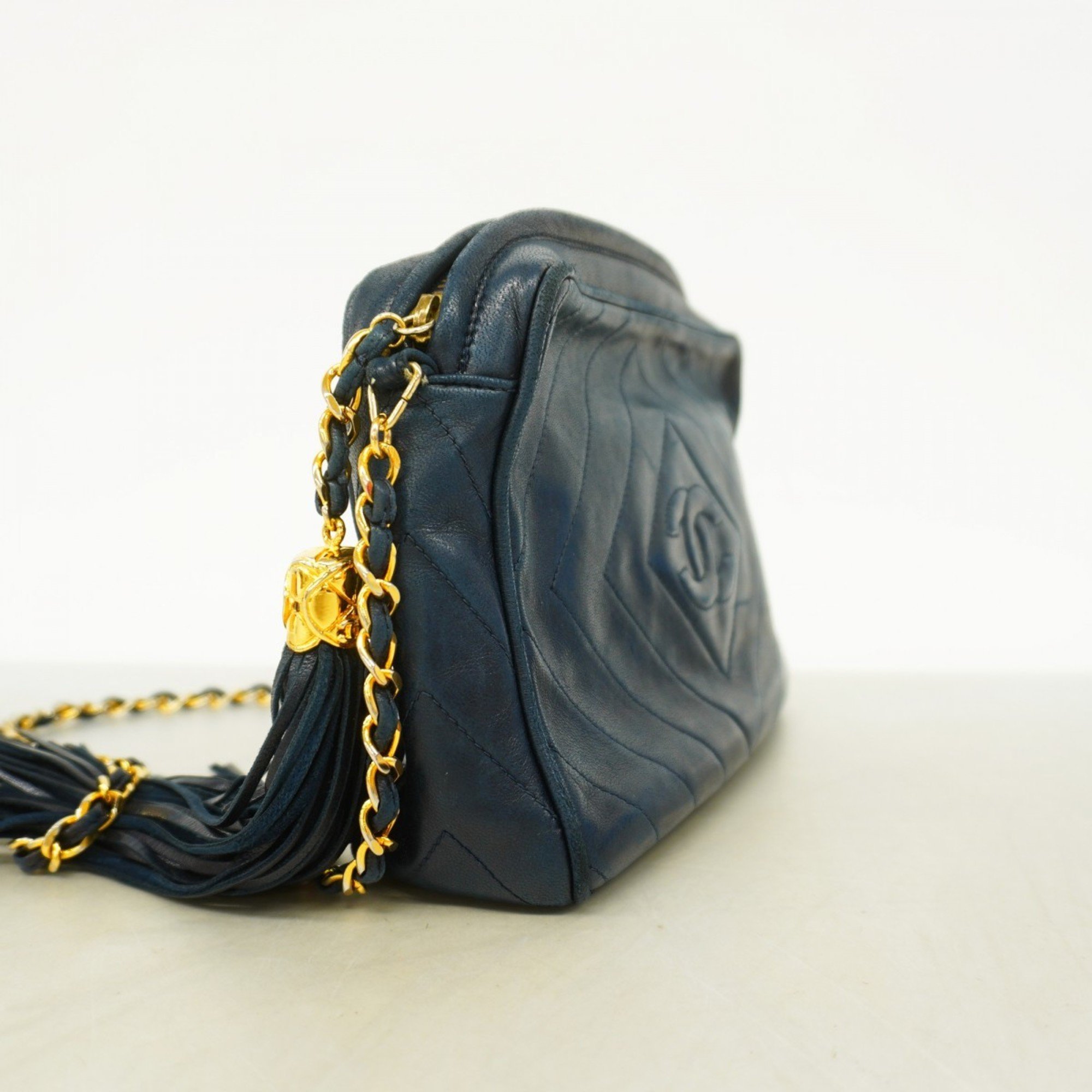 Chanel Shoulder Bag with Chain Lambskin Navy Women's