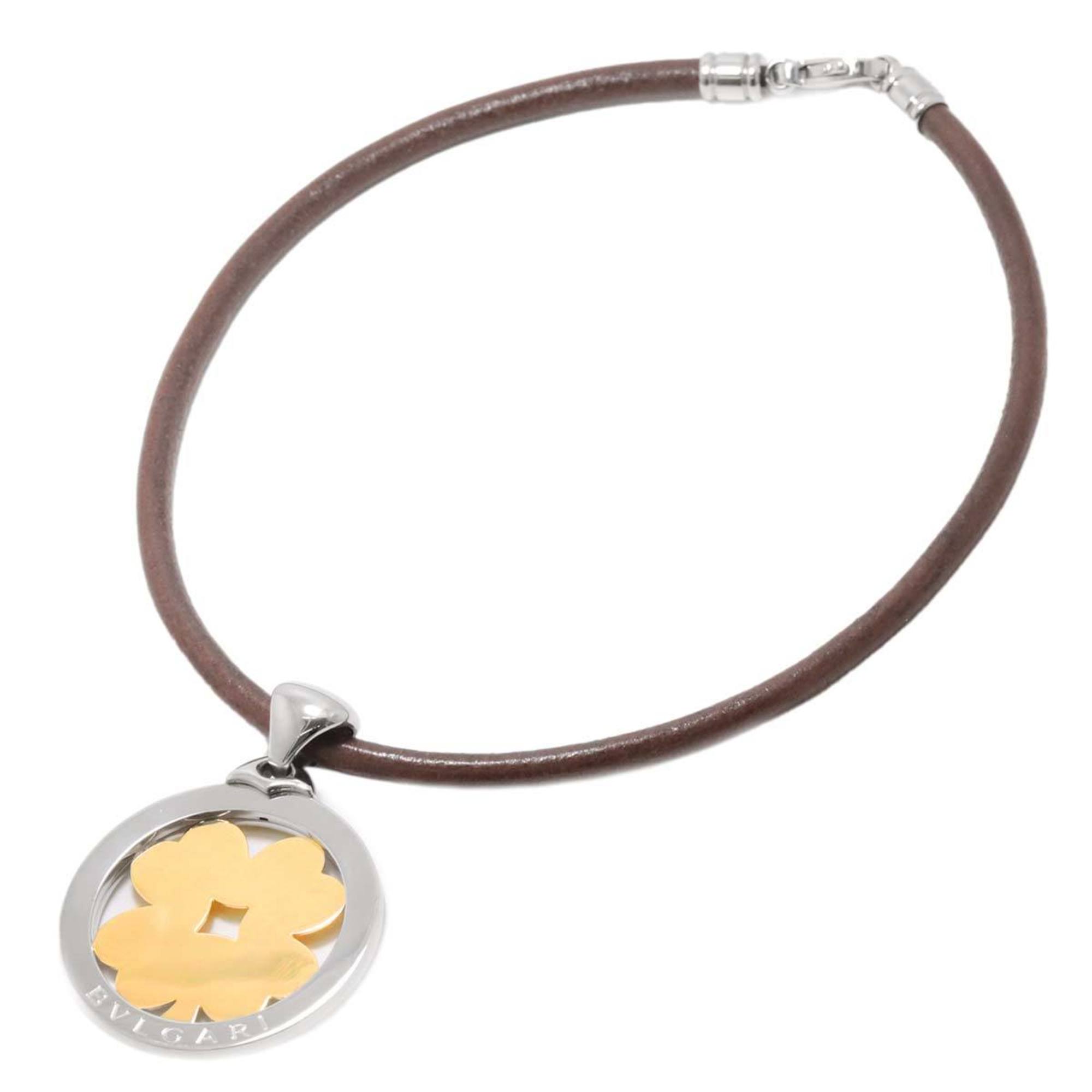 BVLGARI Tondo Clover Necklace Large 39cm K18 YG 750 SS Yellow Gold Steel Leather