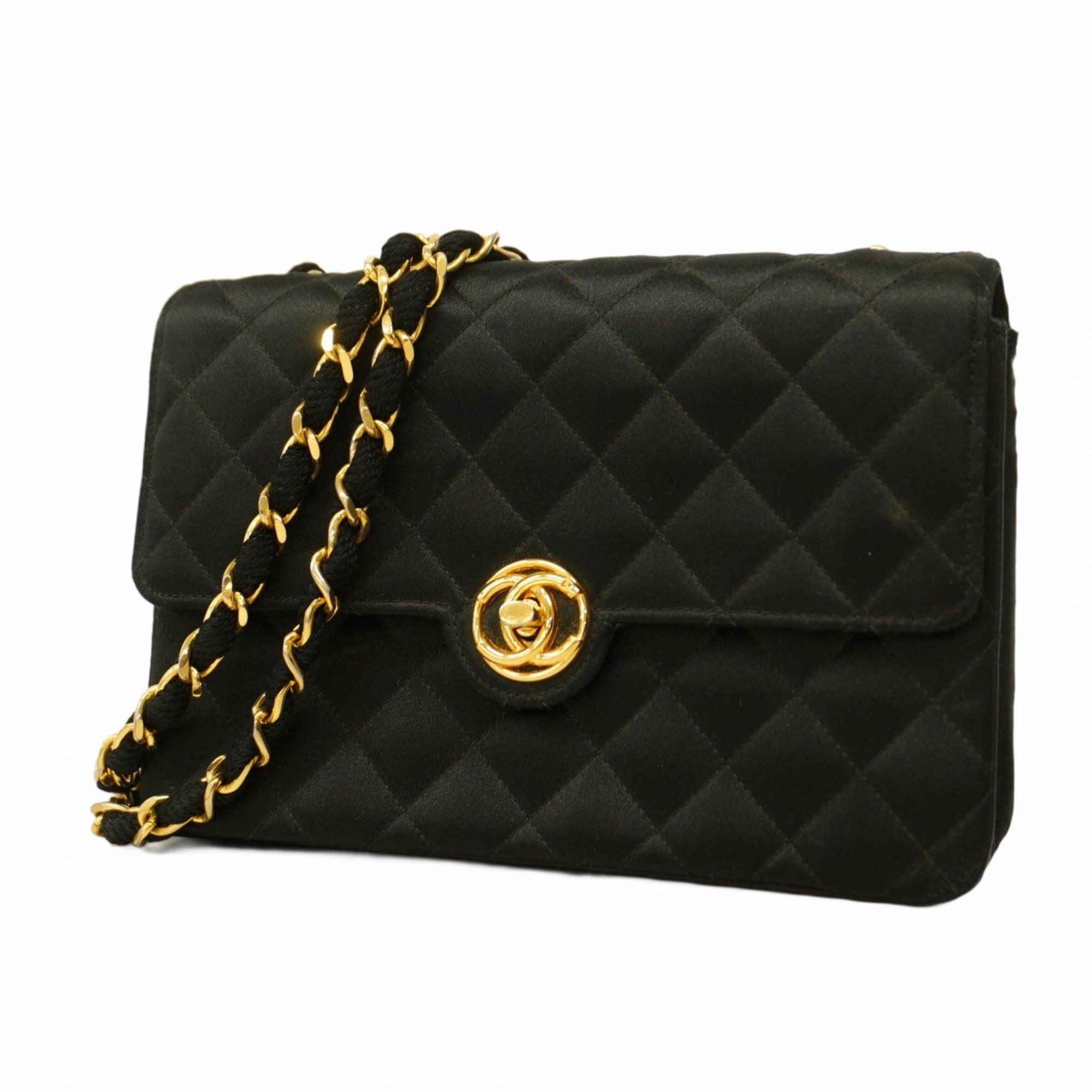 Chanel Shoulder Bag, Matelasse, Chain Shoulder, Satin, Black, Women's