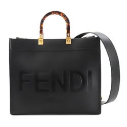 FENDI Sunshine Medium 2way Tote Shoulder Bag Leather Black 8BH386 Gold Hardware