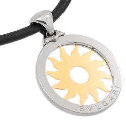 BVLGARI Tondo Sun Necklace 47cm K18 YG 750 SS Yellow Gold Steel Leather