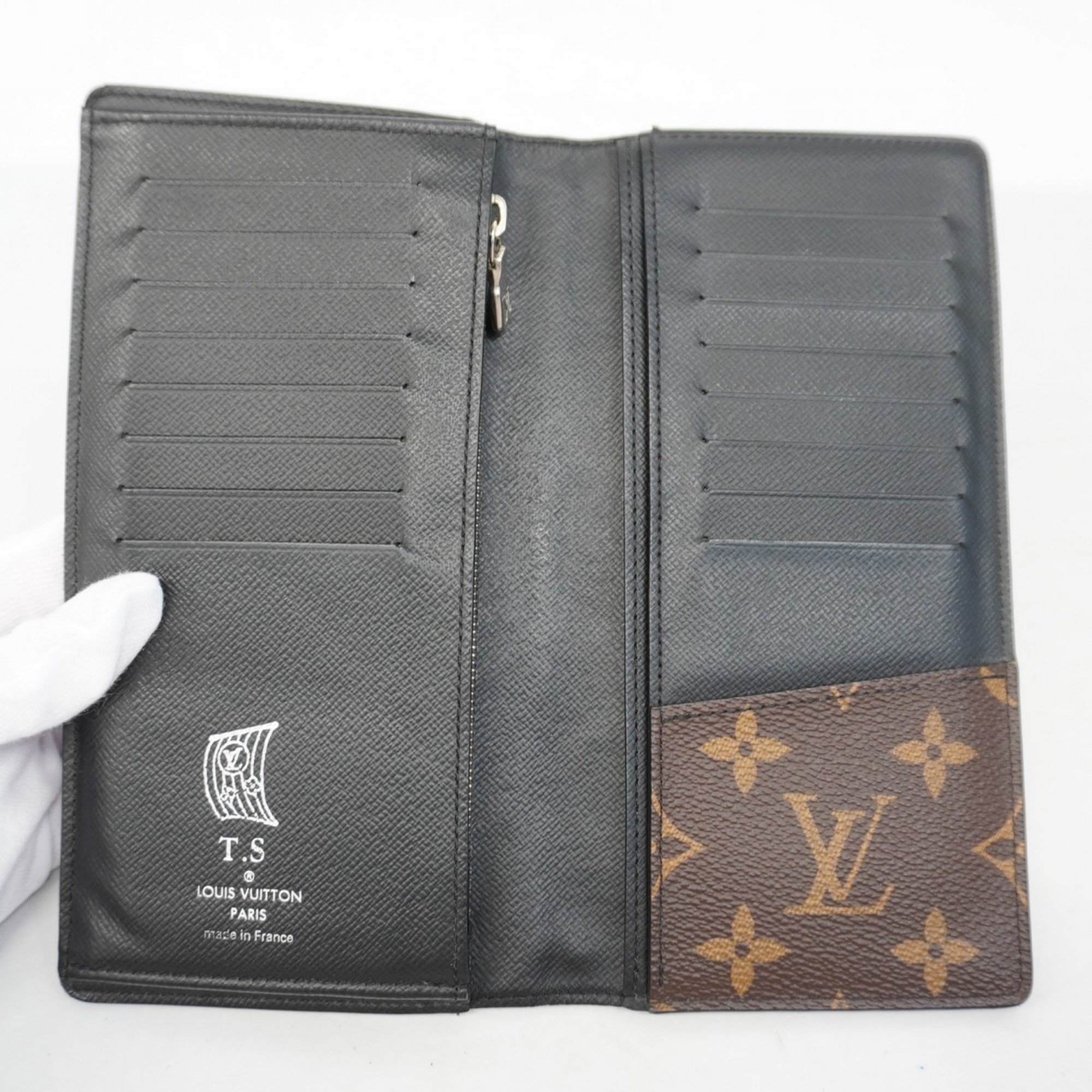 Louis Vuitton Long Wallet Monogram Macassar Portefeuille Brazza M69410 Brown Noir Men's