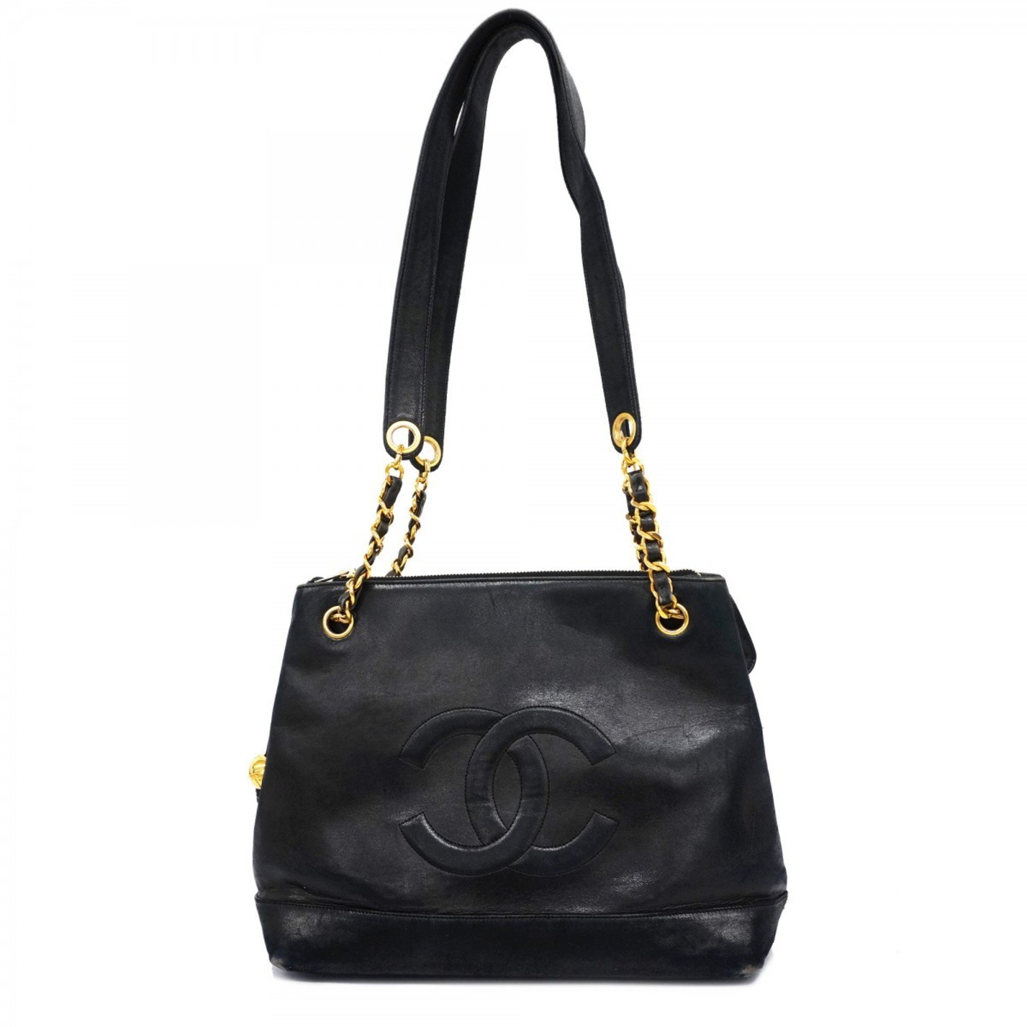 Chanel Tote Bag Chain Shoulder Leather Black Women's