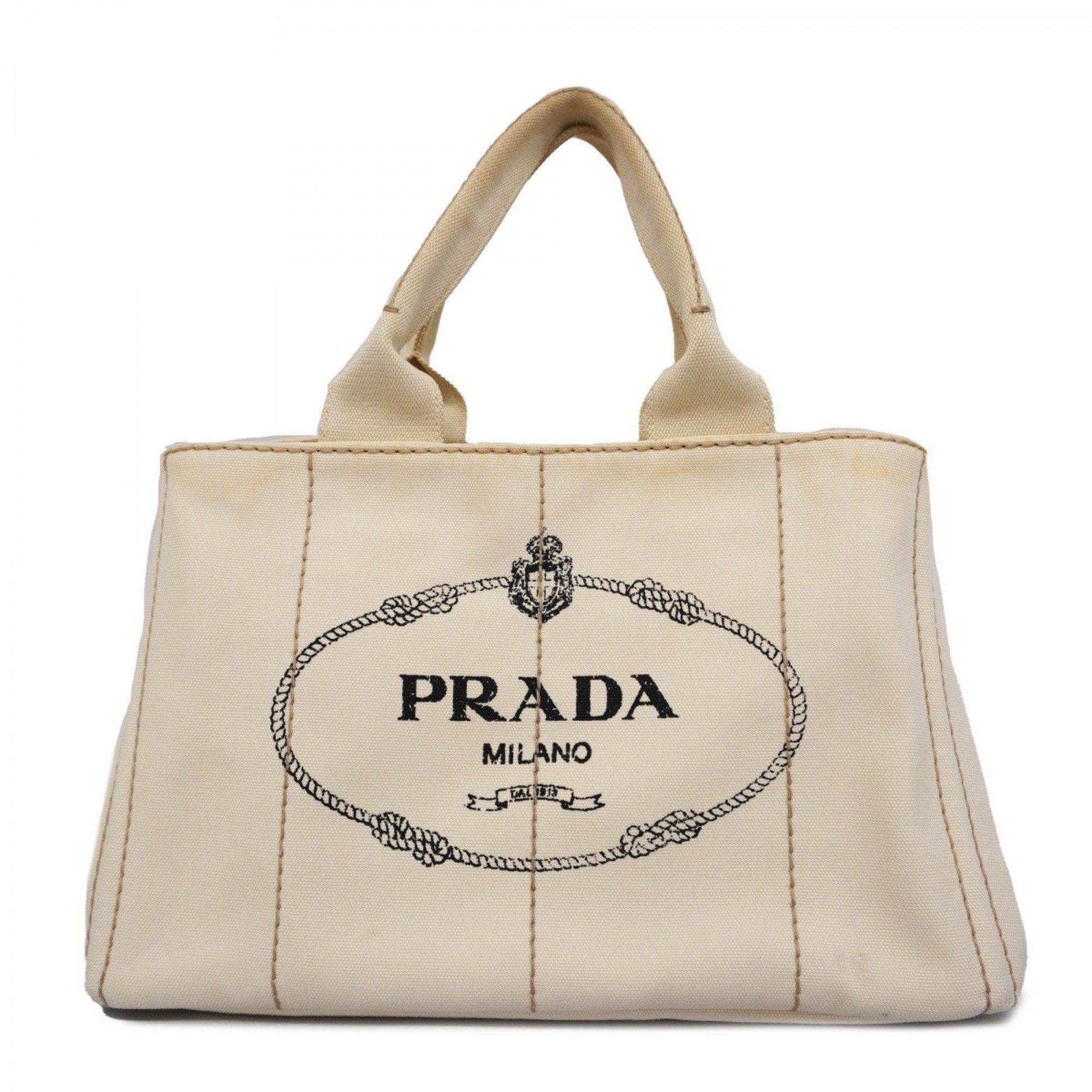 Prada Tote Bag Canapa Canvas White Black Women's