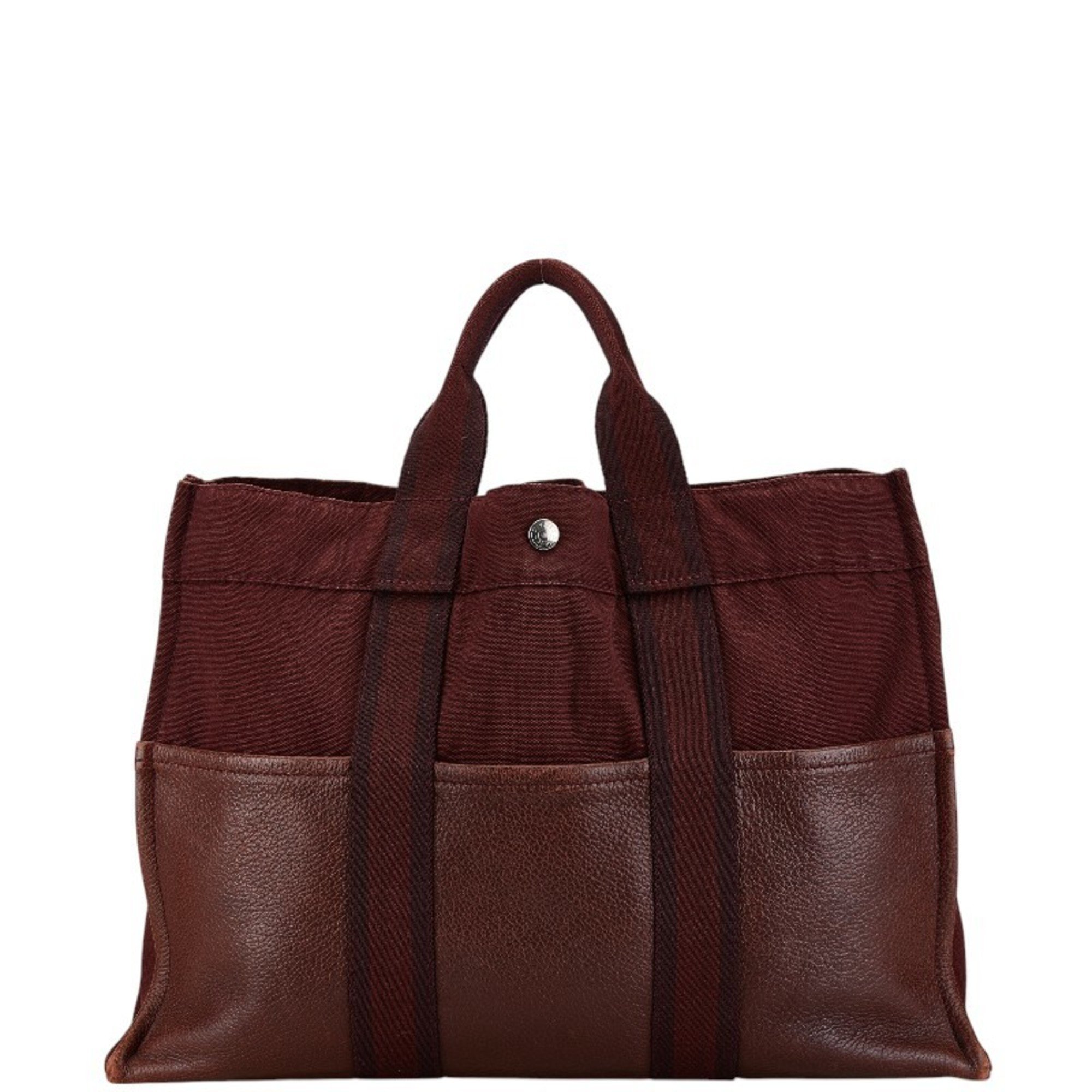 Hermes Foul Tote MM Bag Rouge Ash Bordeaux Wine Red Canvas Leather Women's HERMES