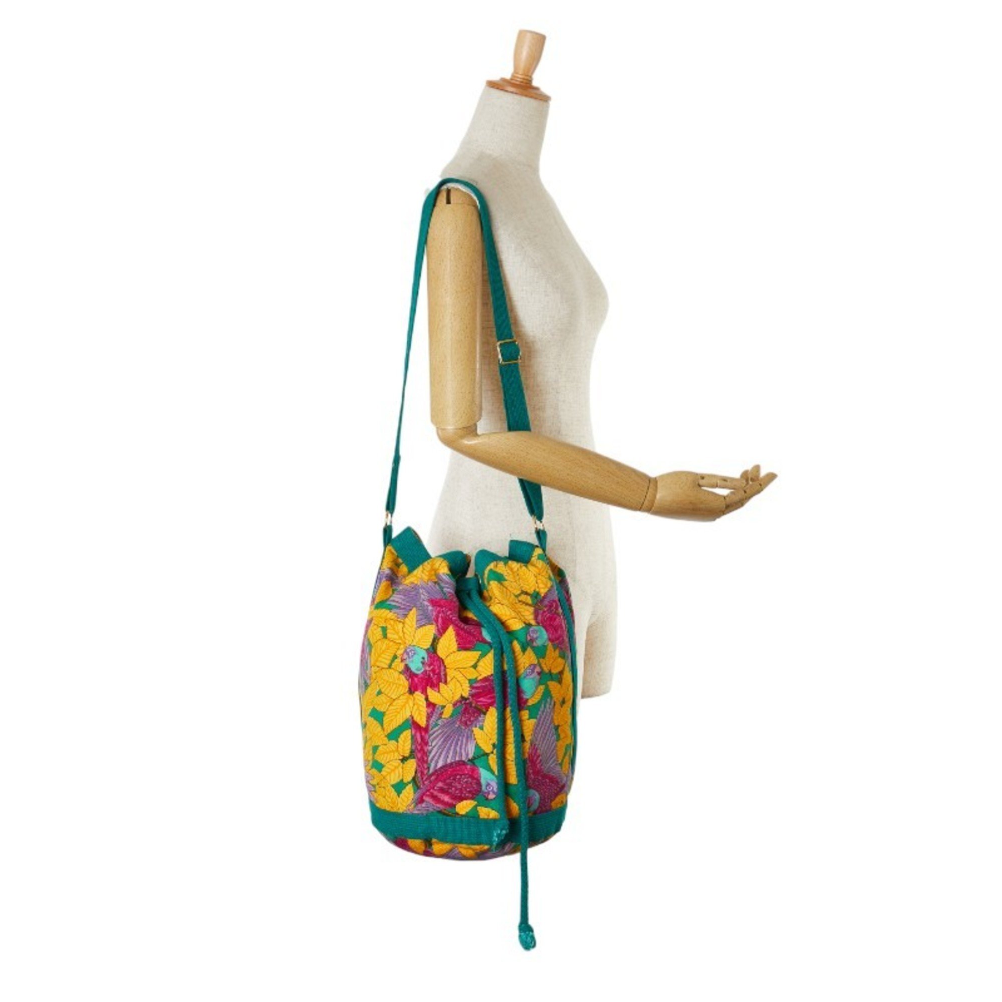 Hermes Botanical Bird Motif Shoulder Bag Green Multicolor Cotton Women's HERMES