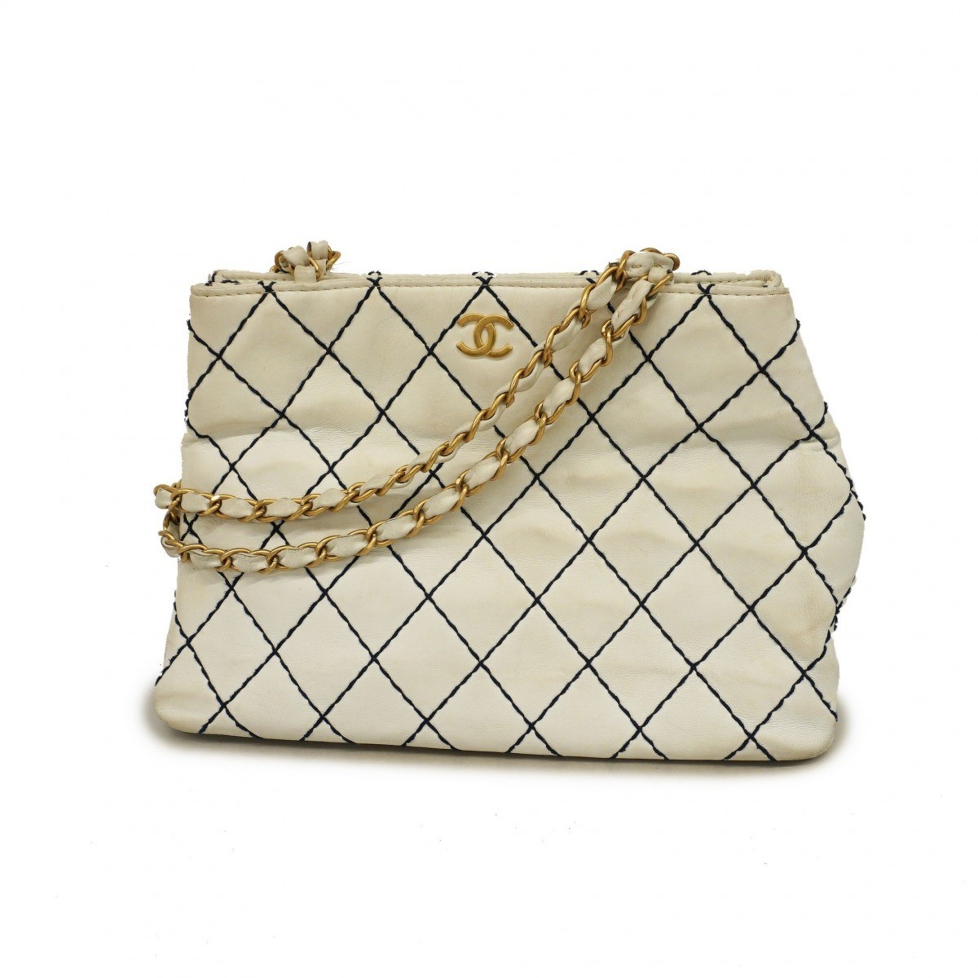 Chanel Shoulder Bag Wild Stitch Chain Leather White Women's