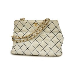 Chanel Shoulder Bag Wild Stitch Chain Leather White Women's