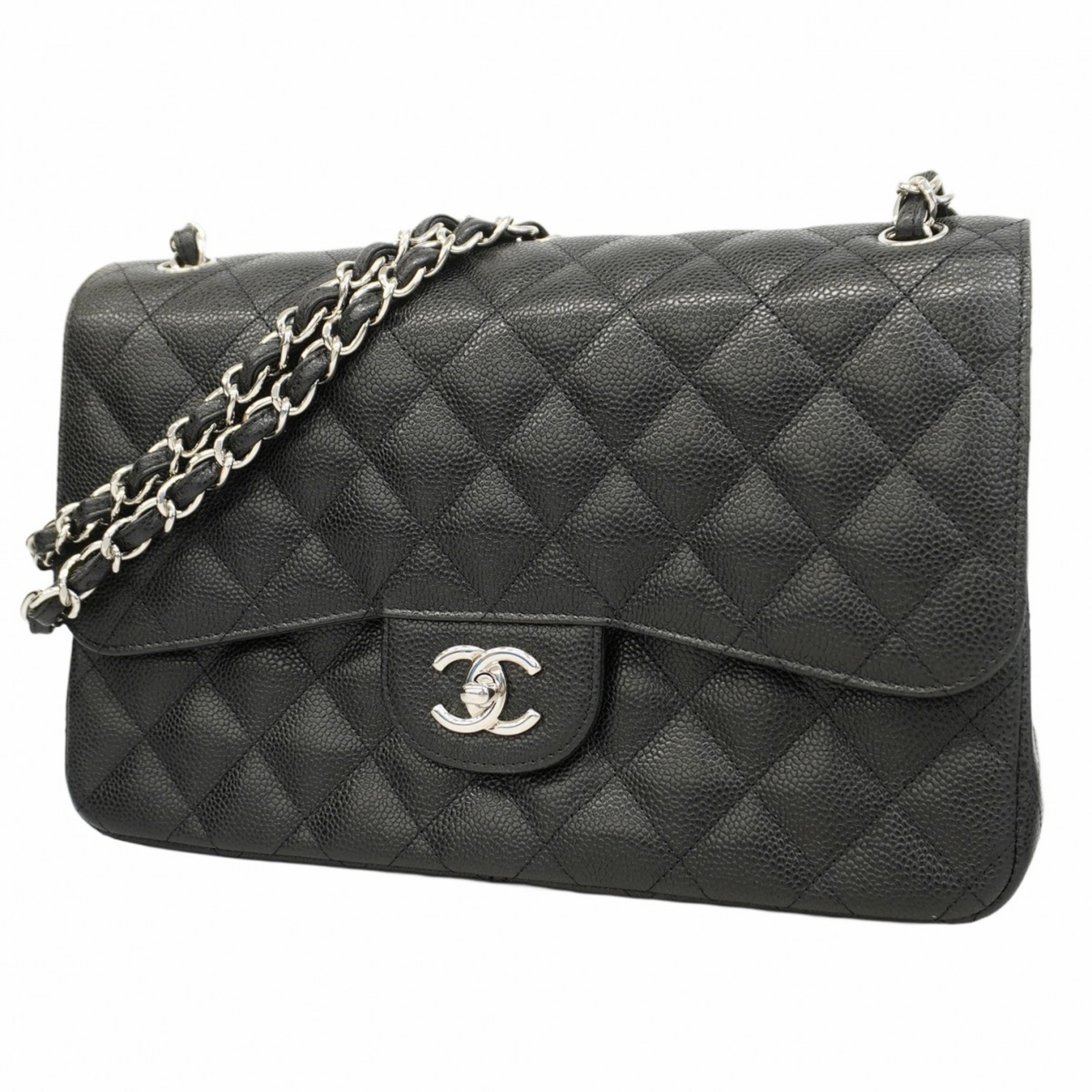 Chanel Shoulder Bag Deca Matelasse W Flap Chain Caviar Skin Black Women's