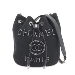 CHANEL Deauville Chain Shoulder Bag Canvas Leather Black AS1045