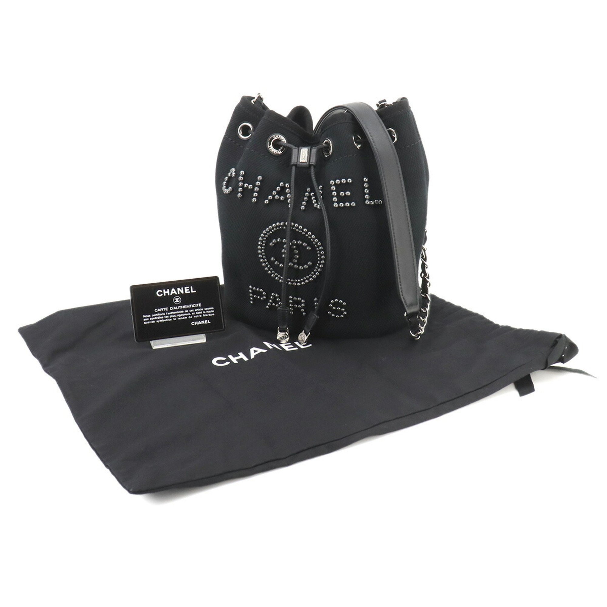 CHANEL Deauville Chain Shoulder Bag Canvas Leather Black AS1045