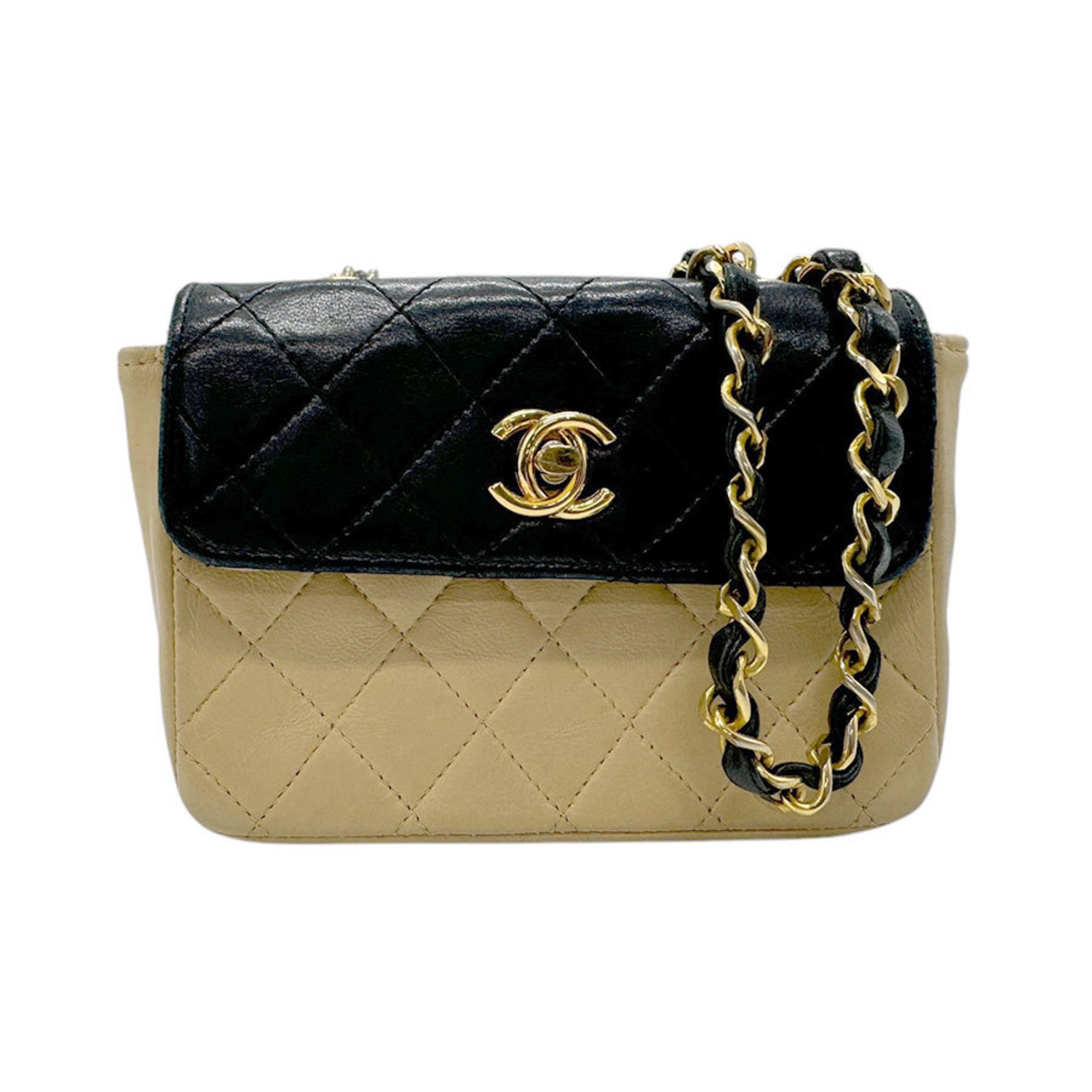 CHANEL Shoulder Bag Lambskin Black x Beige Gold Women's n0764