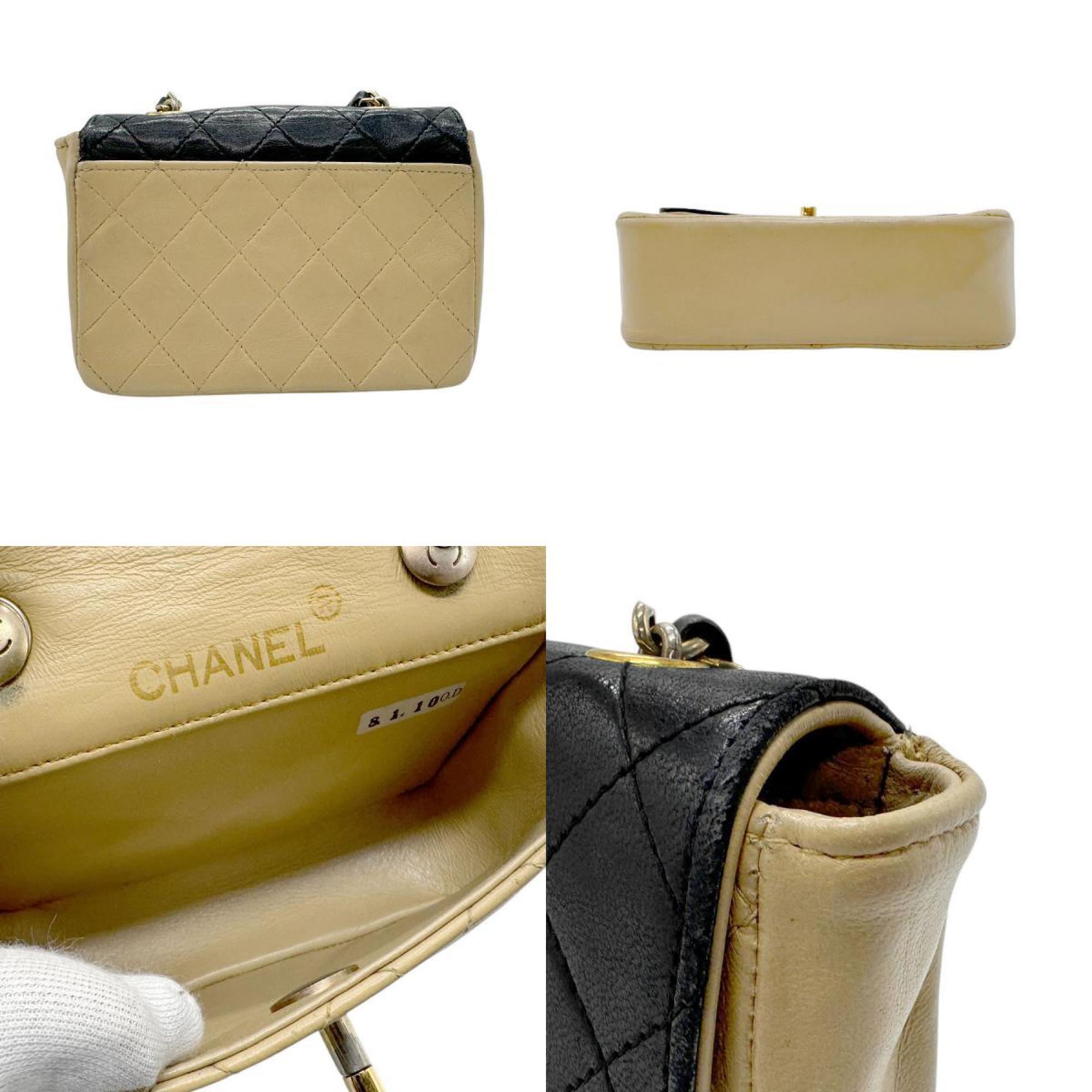 CHANEL Shoulder Bag Lambskin Black x Beige Gold Women's n0764