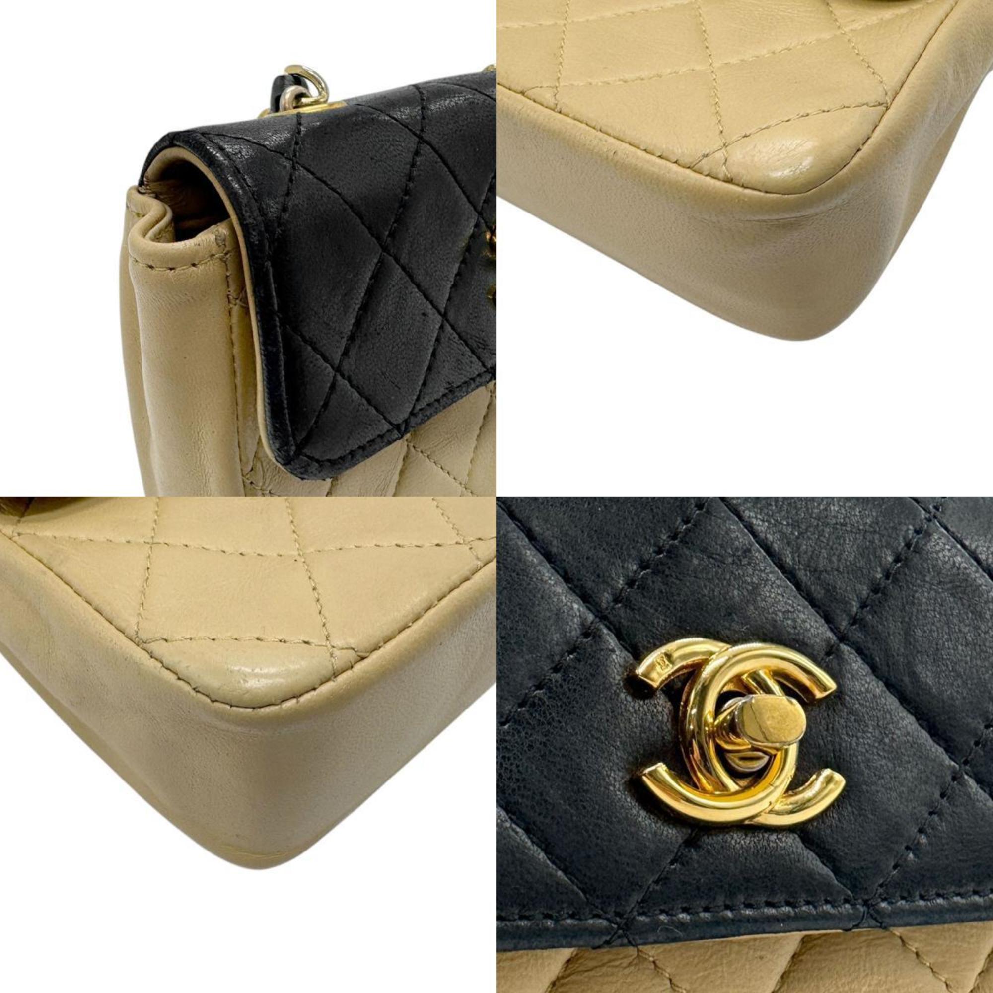 CHANEL Shoulder Bag Lambskin Black x Beige Gold Women's n0764