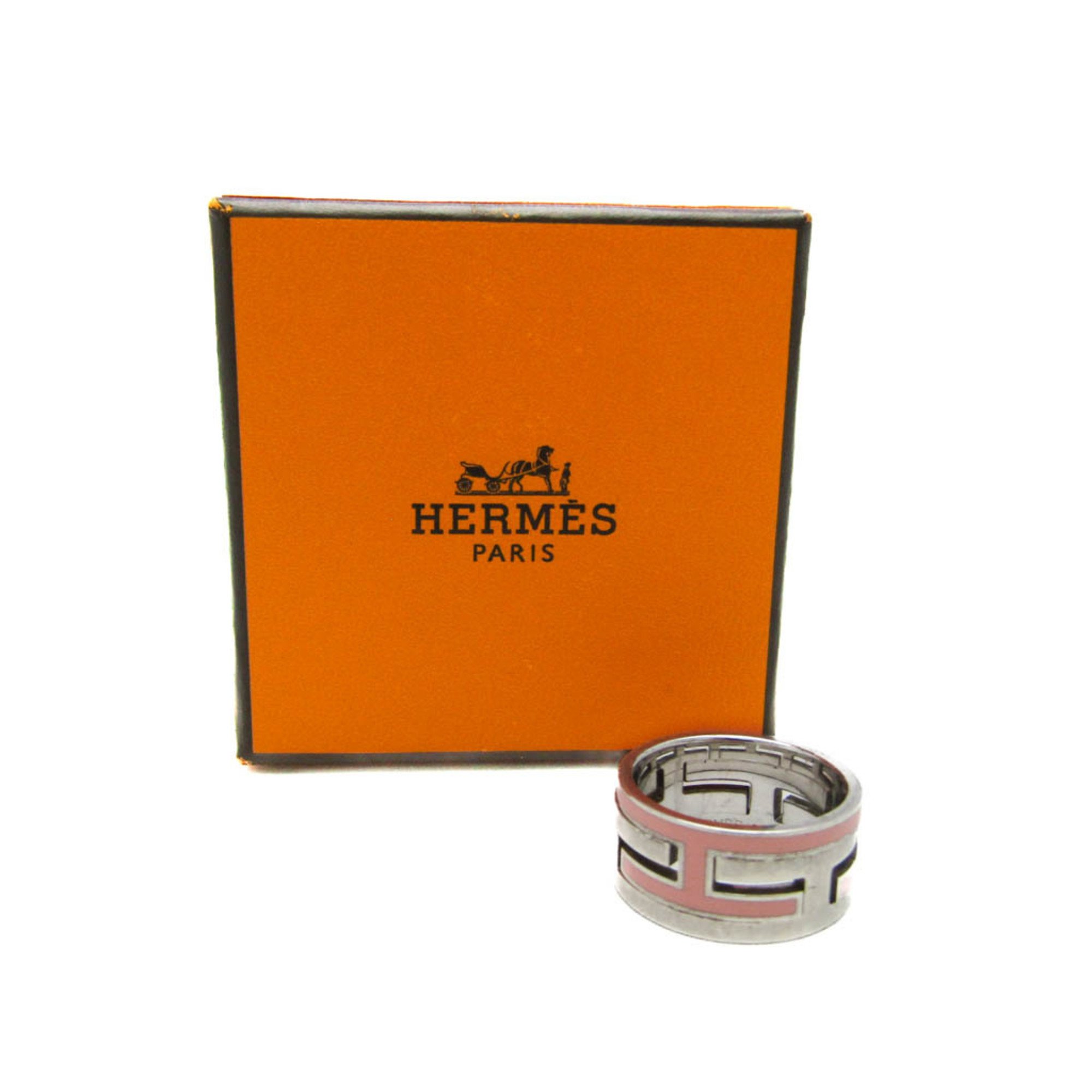 Hermes Move H Silver 925 Casual Band Ring Pink,Silver