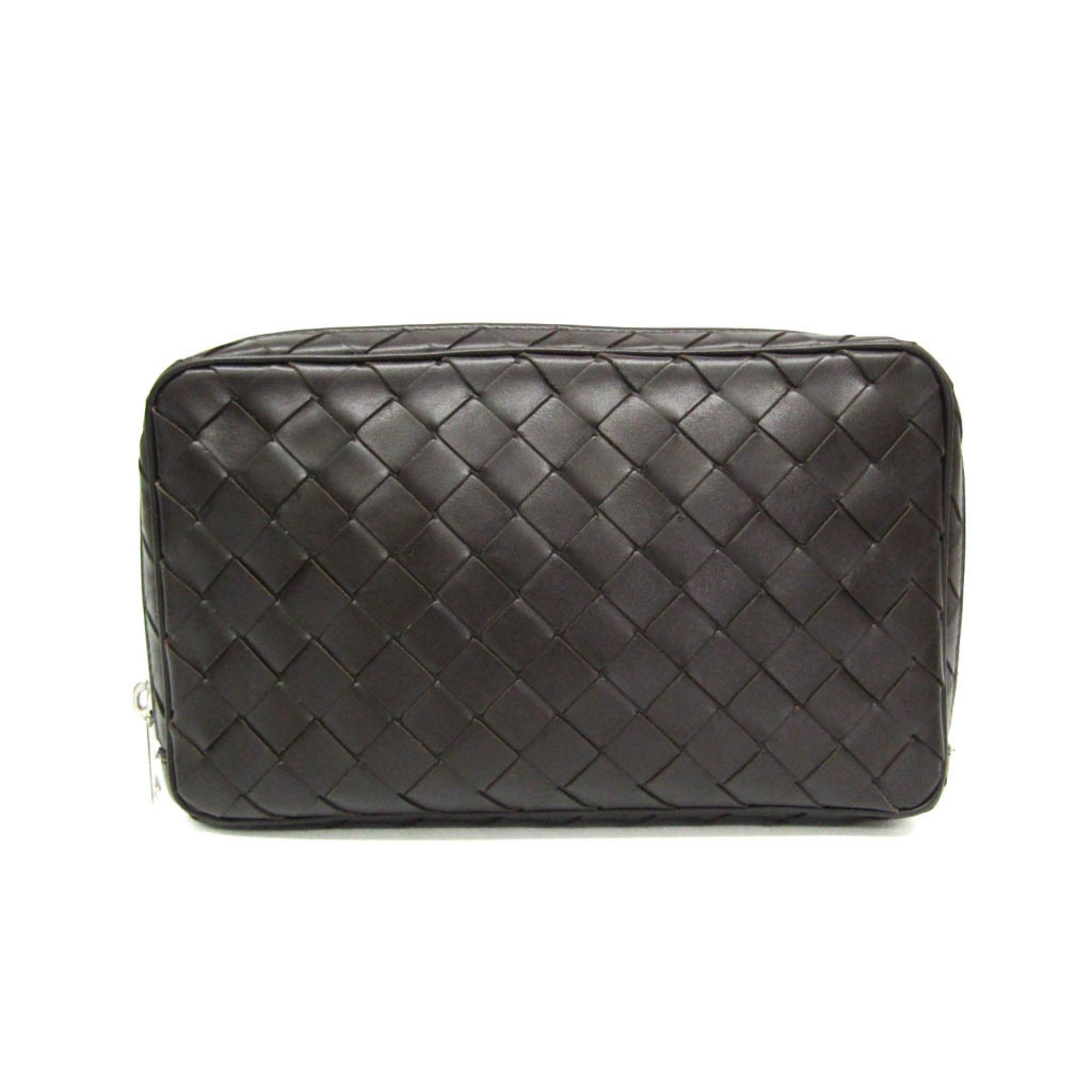 Bottega Veneta Intrecciato Men,Women Leather Clutch Bag Dark Brown