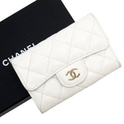 CHANEL Business Card Holder/Card Case Holder Matelasse Caviar Skin Leather Off-White Gold Women's w0847k