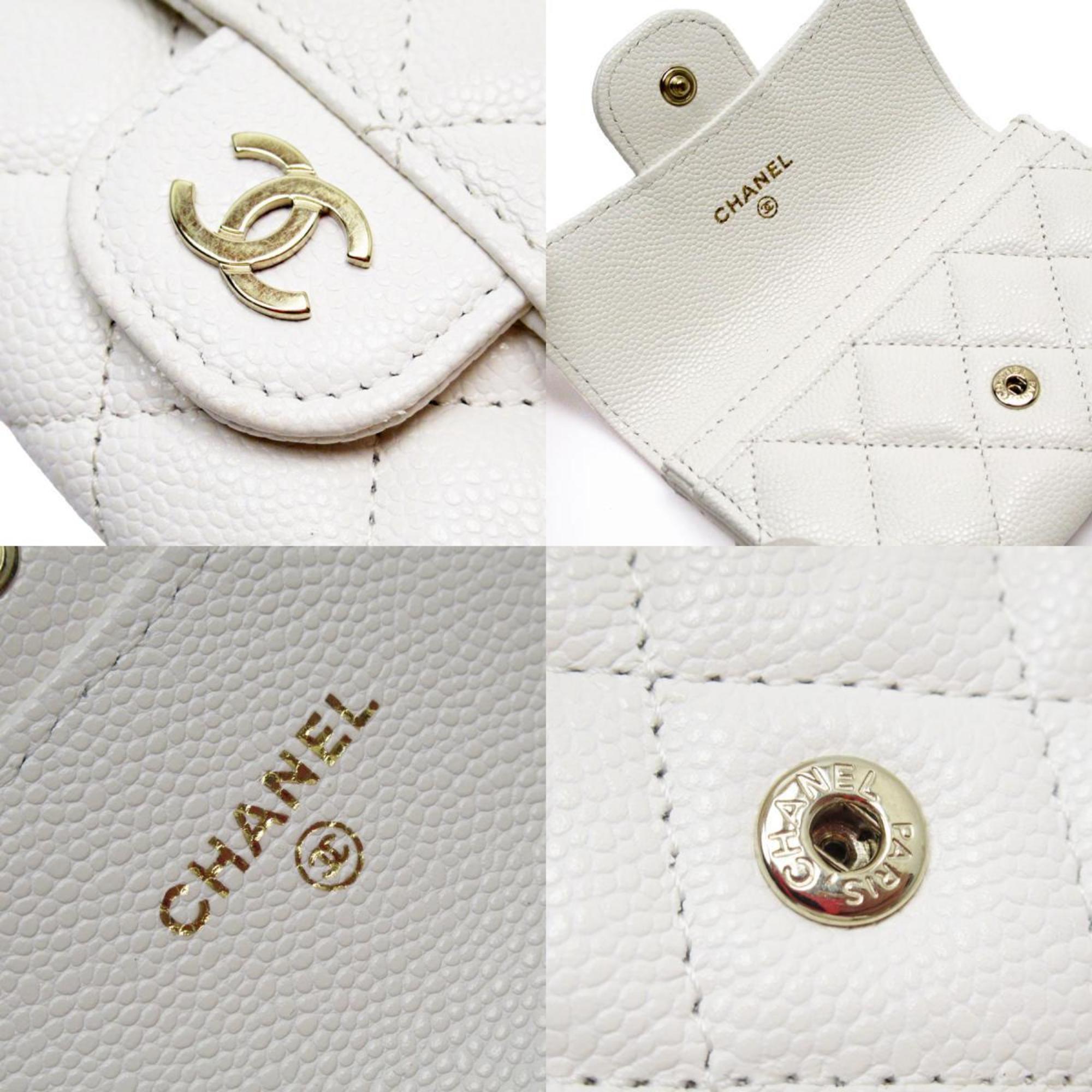 CHANEL Business Card Holder/Card Case Holder Matelasse Caviar Skin Leather Off-White Gold Women's w0847k