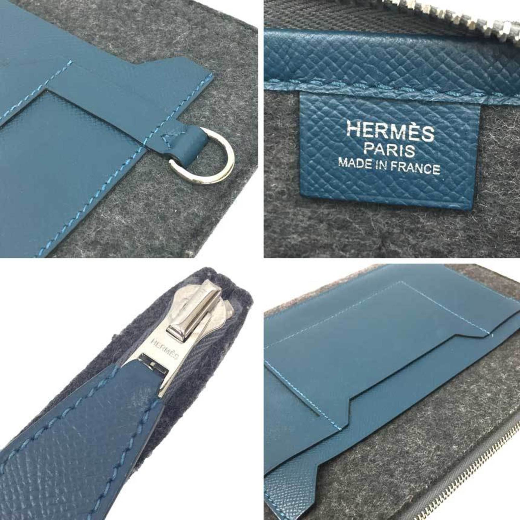 HERMES TOO DOO 29 Flat Pouch Clutch Bag Second Gray x Blue C Engraved