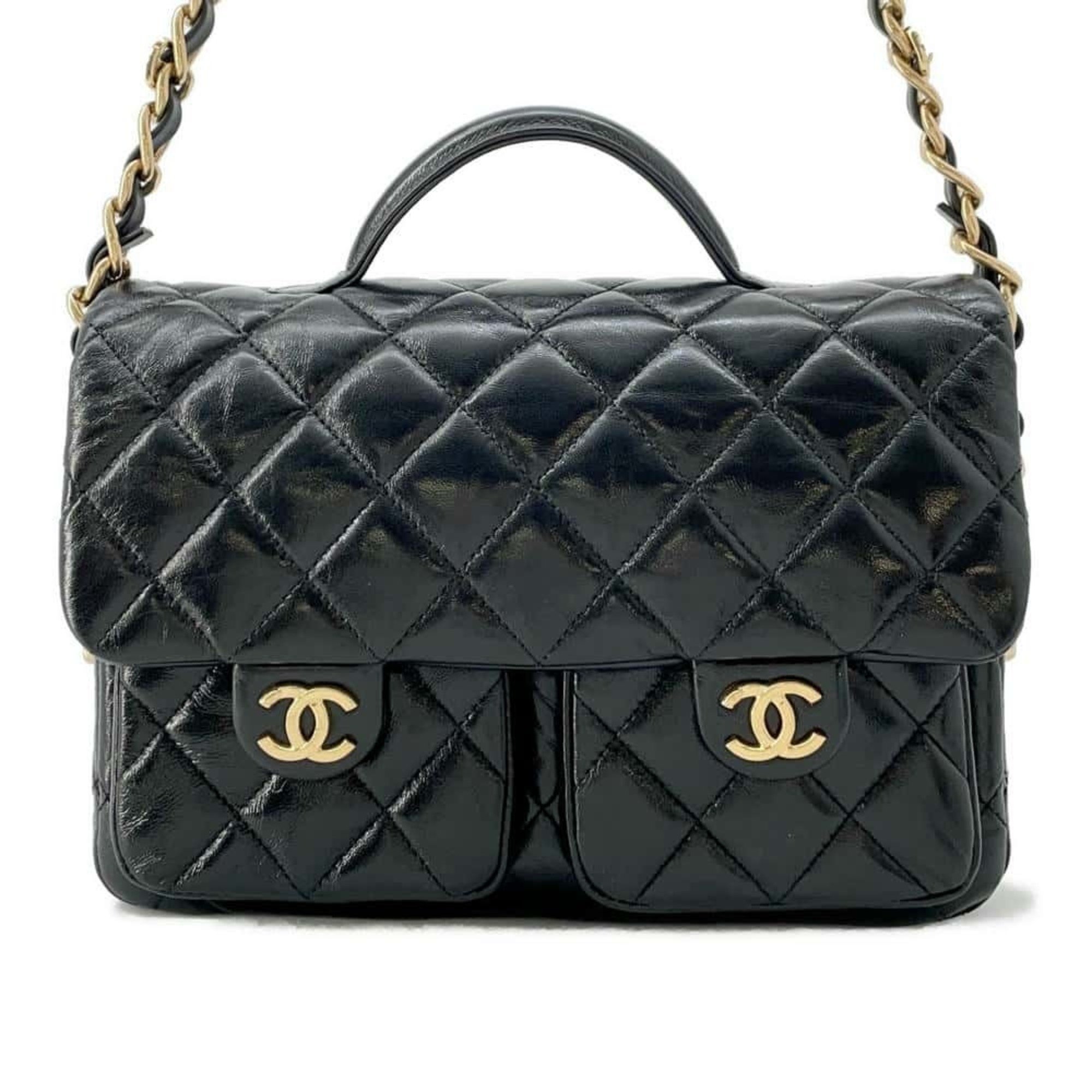 Chanel Chain Shoulder Bag Matelasse Coco Mark Shiny Lambskin AS4993 Black