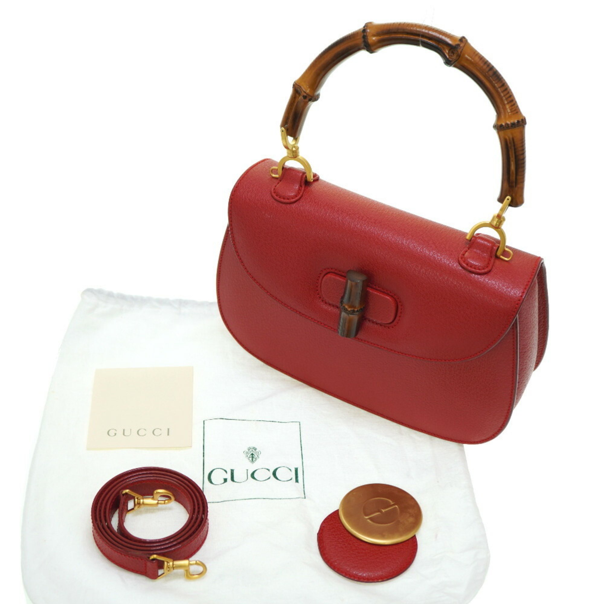 Gucci Bamboo Shoulder Handbag Leather Red 0043GUCCI Strap