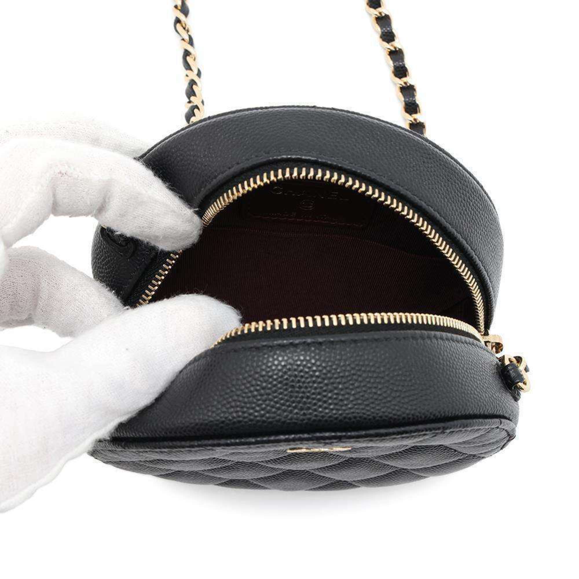 Chanel Chain Shoulder Bag Matelasse Coco Mark Round Caviar Skin A70657 CHANEL Black