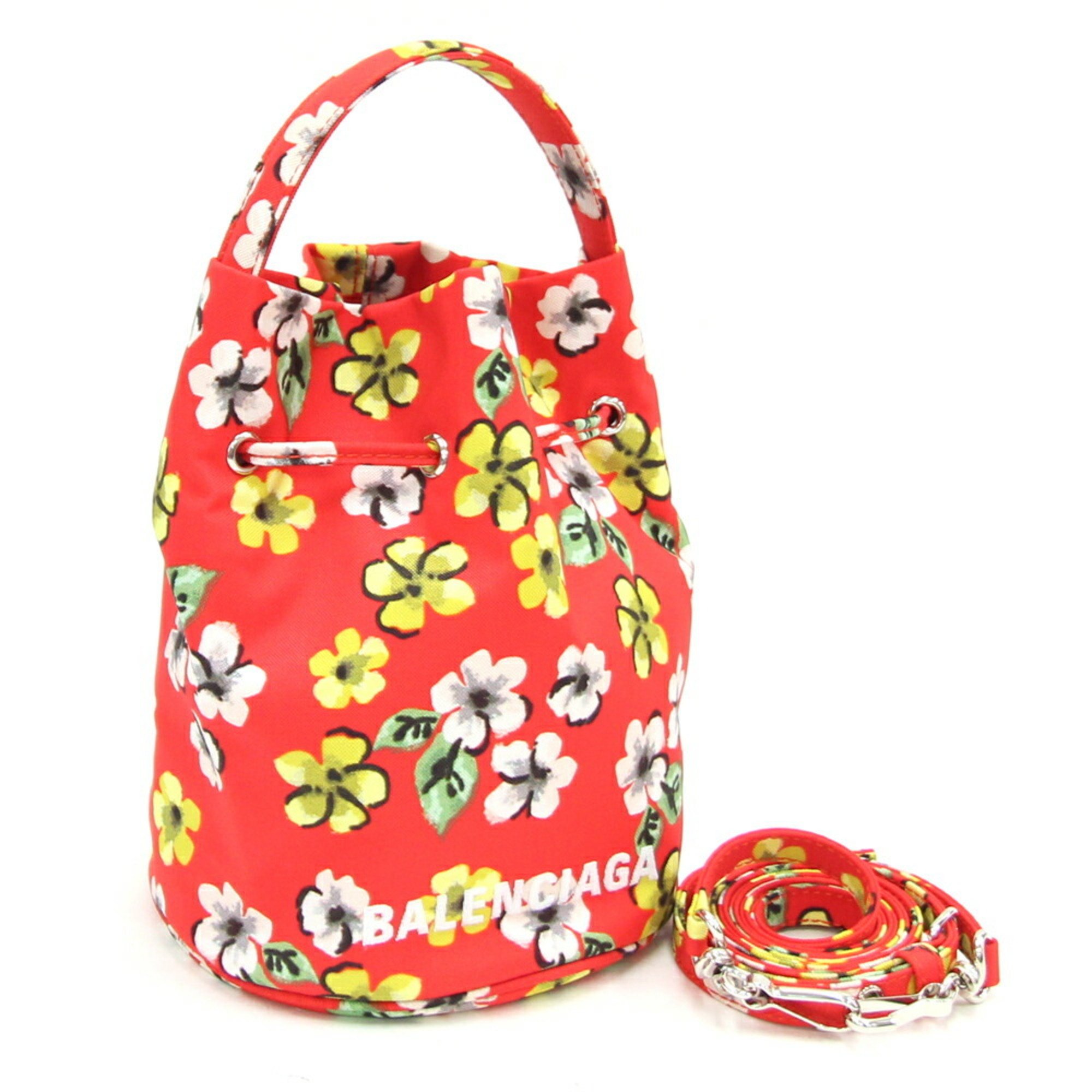 Balenciaga Handbag Wheel Bucket Bag XS 656682 Red Multicolor Nylon Flower Women's Drawstring BALENCIAGA