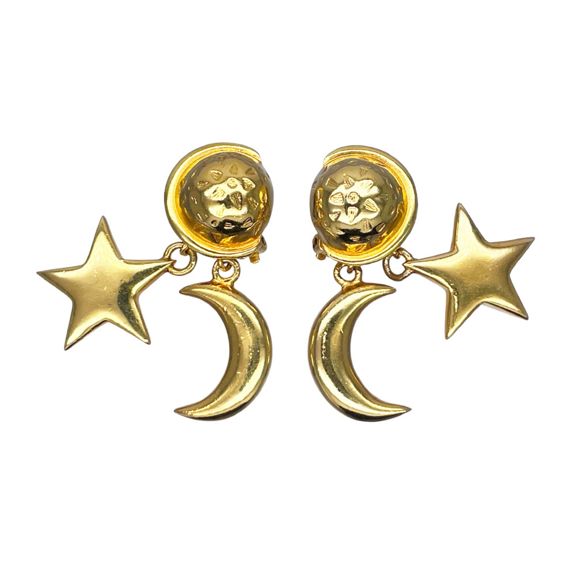 CELINE GP Earrings Round Moon & Star Swing Drop Vintage Women's Gold 20495733