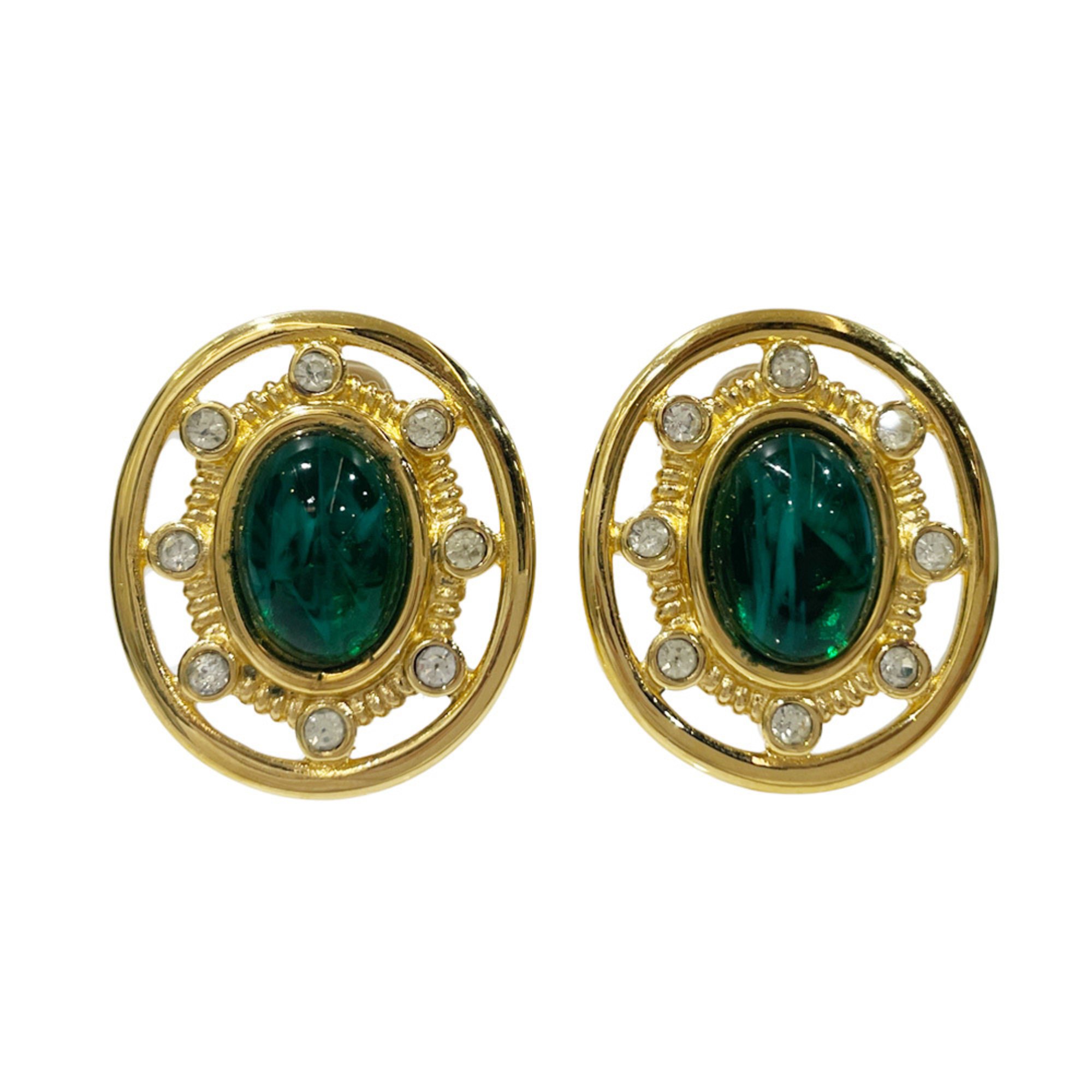 GIVENCHY GP Rhinestone Earrings Oval Color Stone Vintage Women's Gold x Green 20486855