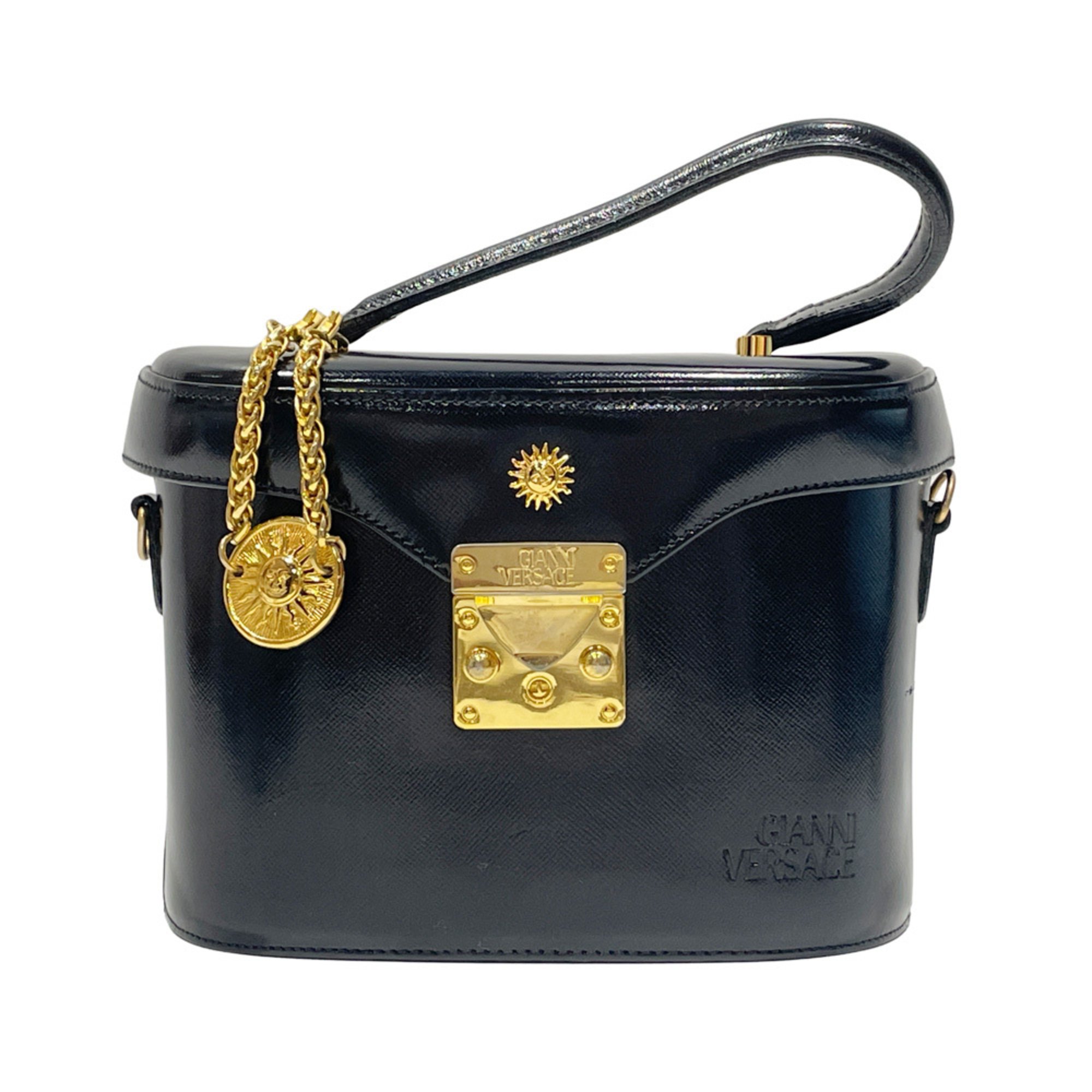 Gianni Versace Vintage Sunburst Vanity Handbag with Charm for Women, Black 20490162