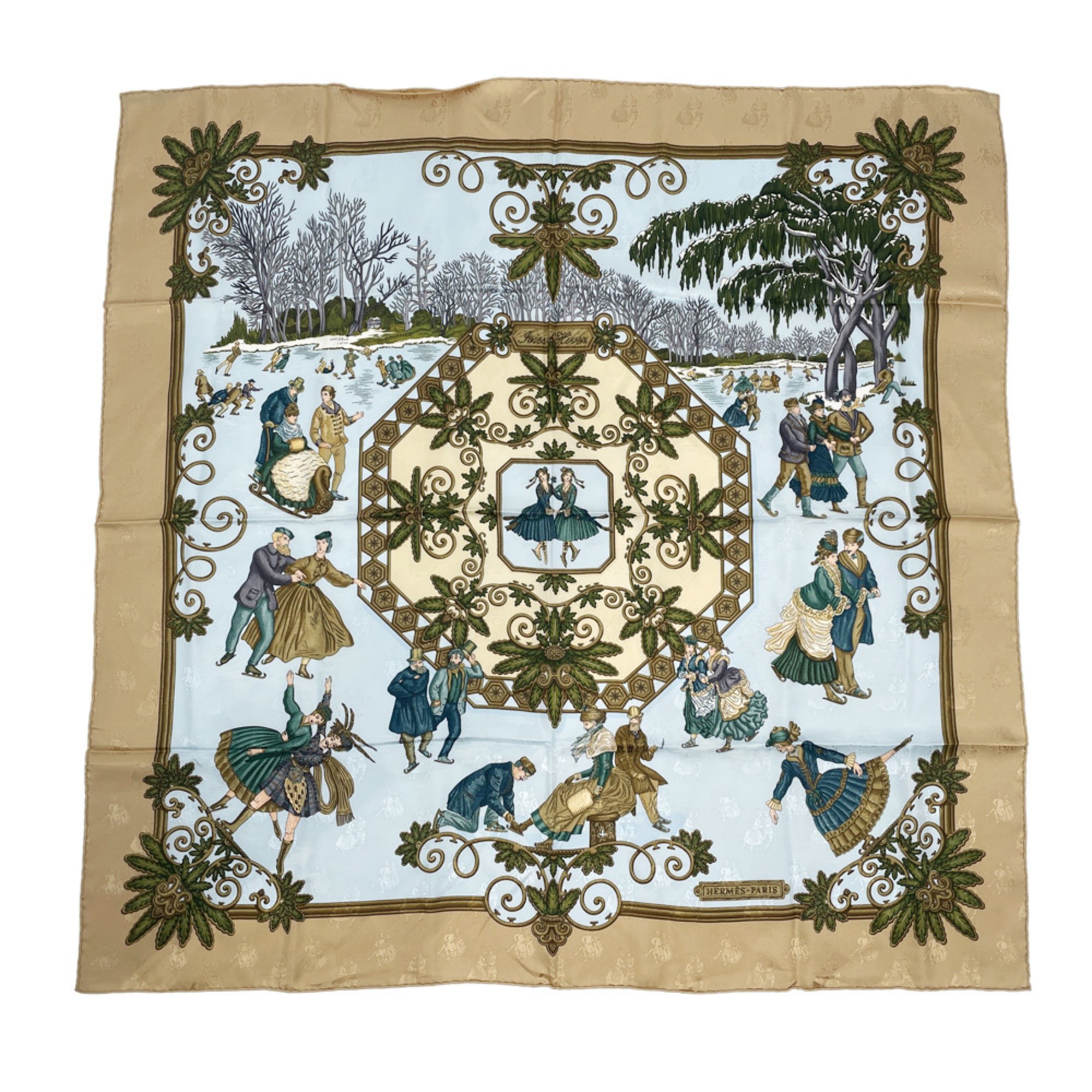 HERMES Hermes Scarf Carré 90 Joies d'Hiver Winter Pleasures Gentlemen and Ladies Skate Men's Women's Beige Blue 20490266