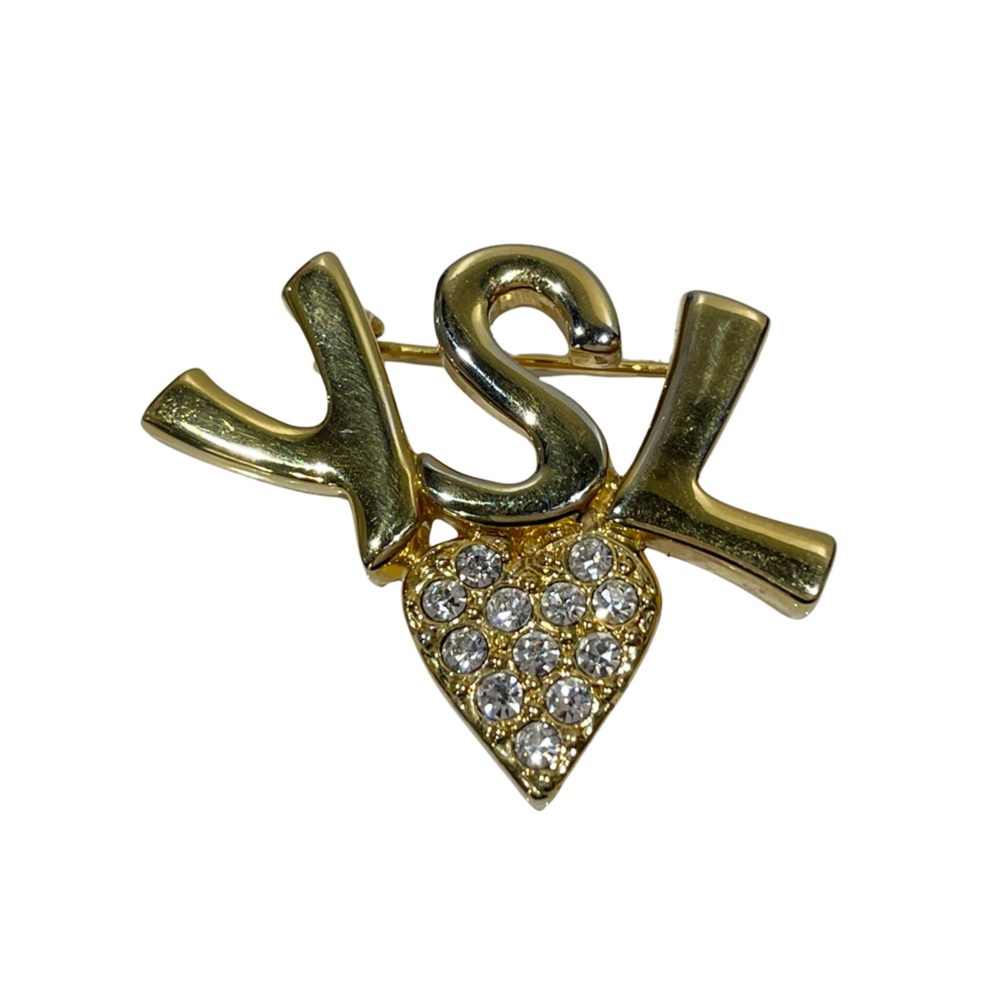 YVES SAINT LAURENT GP Rhinestone Brooch YSL Logo Heart Vintage Women's Gold 20483984