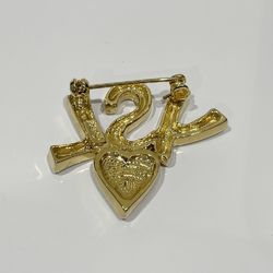 YVES SAINT LAURENT GP Rhinestone Brooch YSL Logo Heart Vintage Women's Gold 20483984