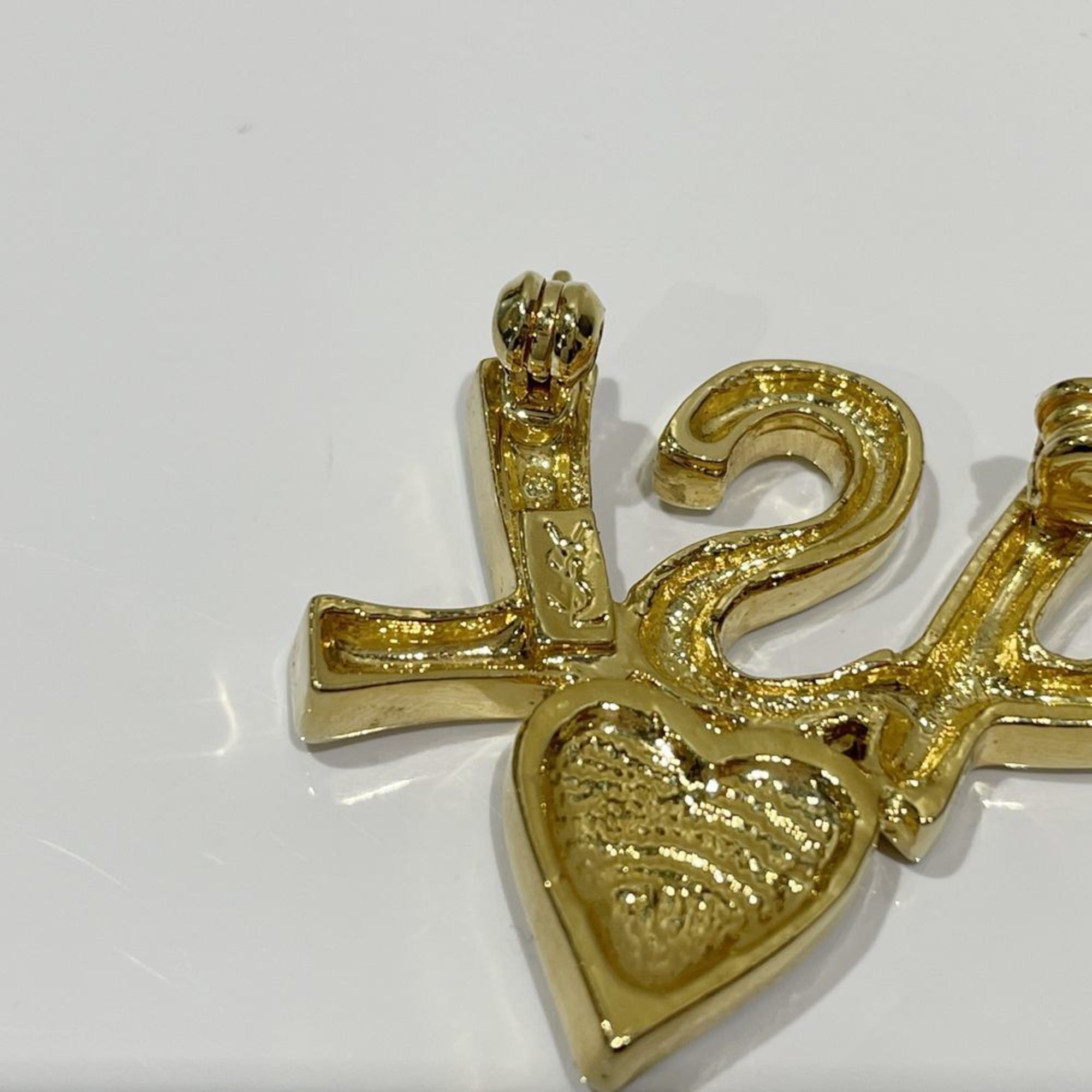 YVES SAINT LAURENT GP Rhinestone Brooch YSL Logo Heart Vintage Women's Gold 20483984