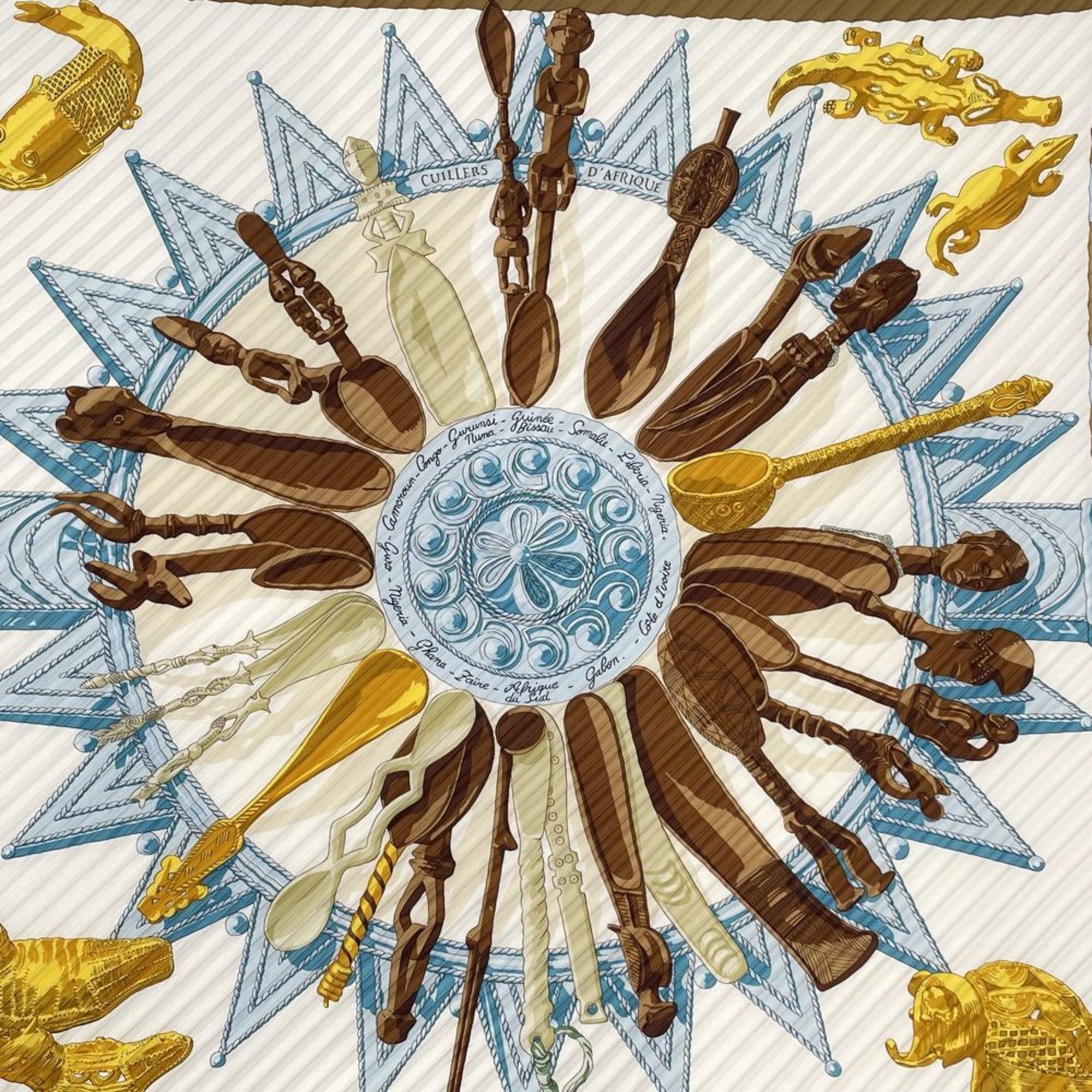 HERMES Hermes Scarf Carré 90 Pleated CUILLERS D'AFRIQUE African Spoon Plissé Women's Blue 20478590